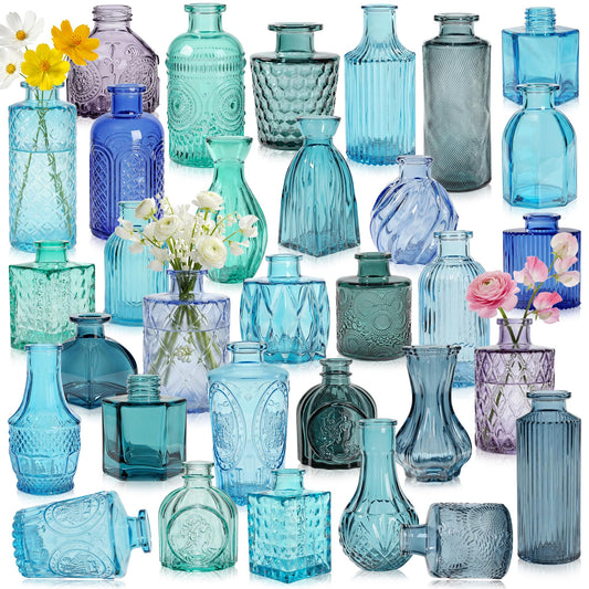 Colored Glass Vases Bulk 32 Pcs - Assorted Vintage Bud Vases for Wedding Centerpieces, Rustic Embossed Glass Bottles for Table Decor, Home Floral Arrangements with Blue Series (2-6 Inch)