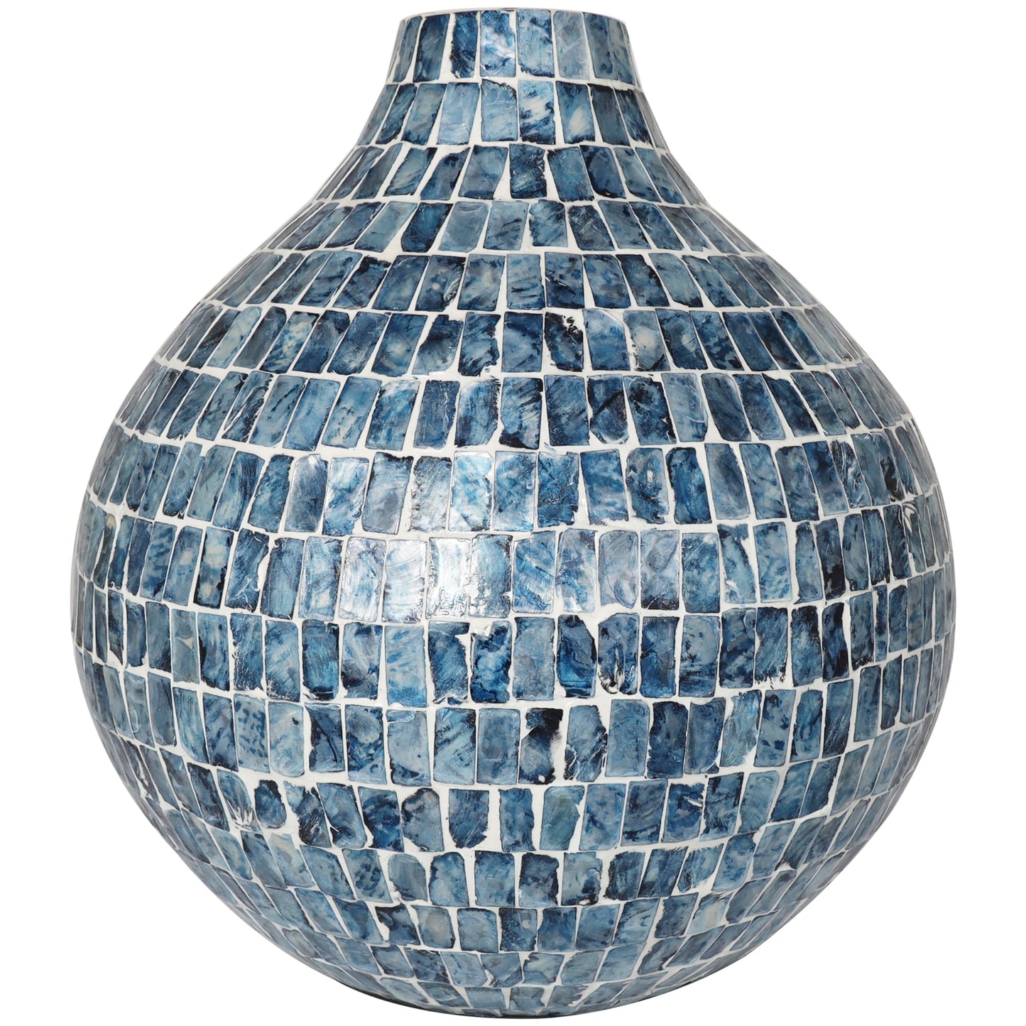 Deco 79 Mother of Pearl Shell Handmade Decorative Vase Mosaic Inspired Centerpiece Vase, Flower Vase for Home Decoration 13" x 13" x 14", Blue