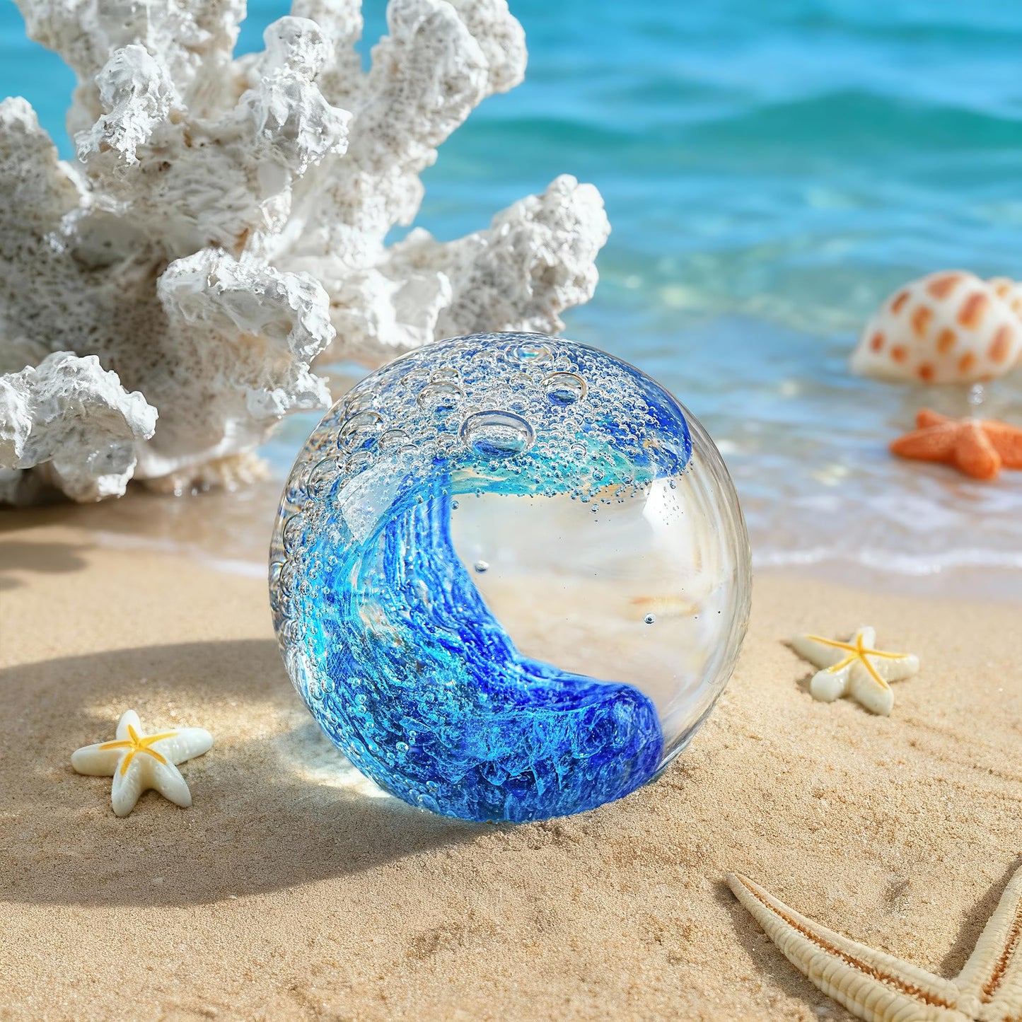 LOULIQIGIFT Hand Blown Glass Ocean Waves Ball 2.36in Crystal Ball with Wooden Light Base Sea Glass Art Beach Decor for Home Office Gifts for Ocean Lovers