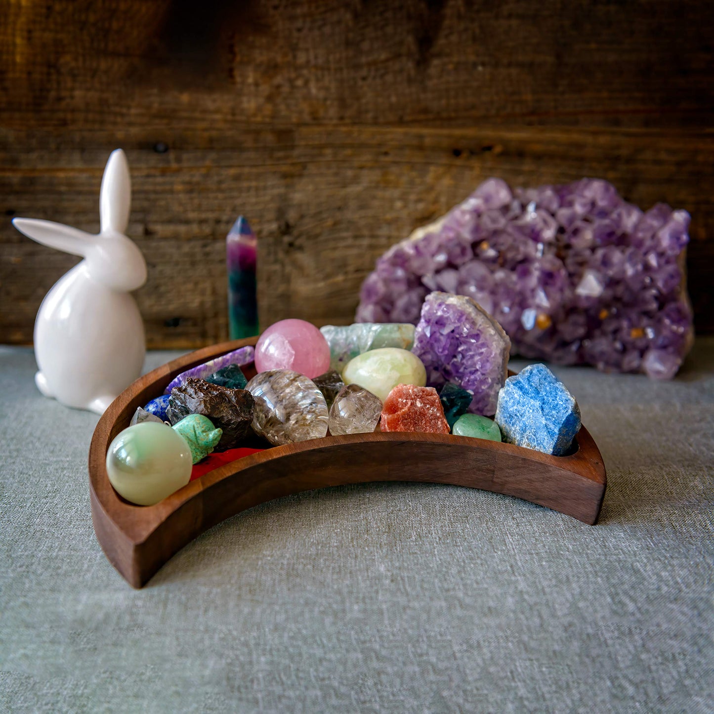Curawood Crescent Moon Tray - Showcase Your Gems, Healing Stones & Treasures - 10x5 Wooden Crystal Display Tray, Crystal Holder for Stones Display Shelf, Gemstone Rock Holder Charging Bowl, Walnut, L