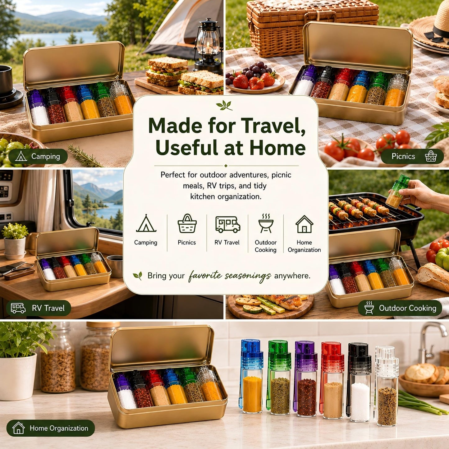 6 PCS Mini Spice Containers with Spoon, Portable Leak Proof Airtight Seasoning Set for Camping, Backpacking, BBQ, RV, Kitchen and Outdoor Cooking (12-Piece Set)