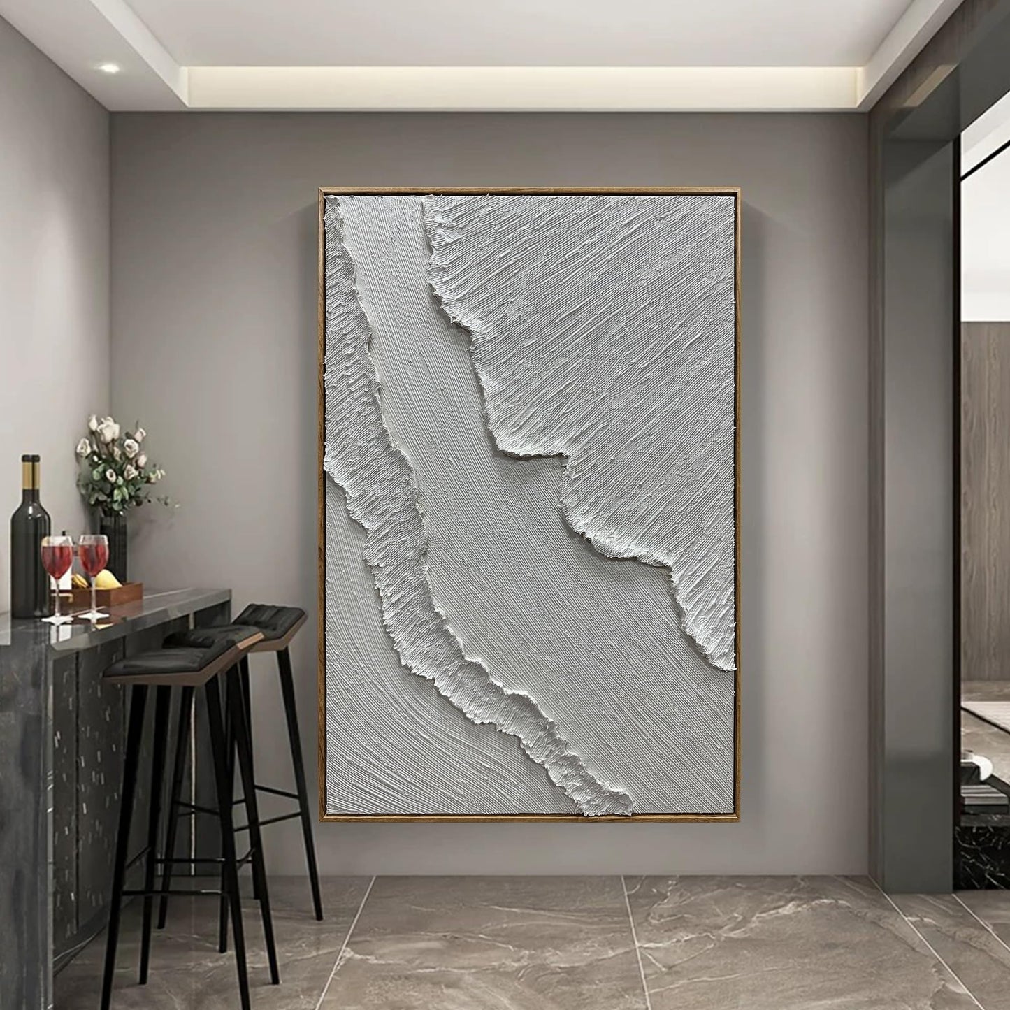 Yotree Modern Abstract Textured Wall Art, White Sand Beach Waves, 24x36 inches, Wooden Frame Ready to Hang (White waves)