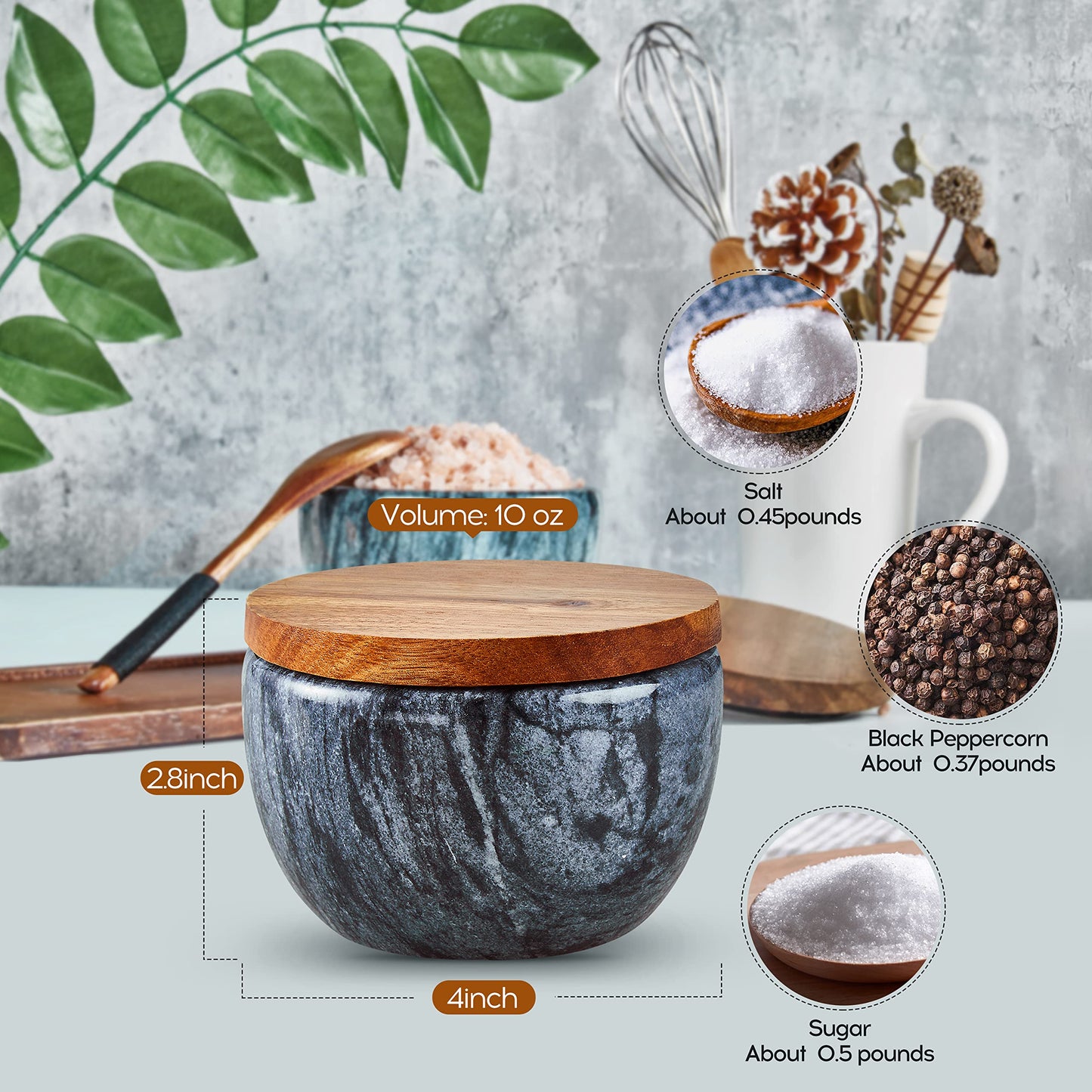 MarcZero Large Salt Box Spice Seasonings Keeper Pepper Container,Marble Base with Wooden Cover,Salt Cellar Big Capacity Elegant Design (Dark Grey)