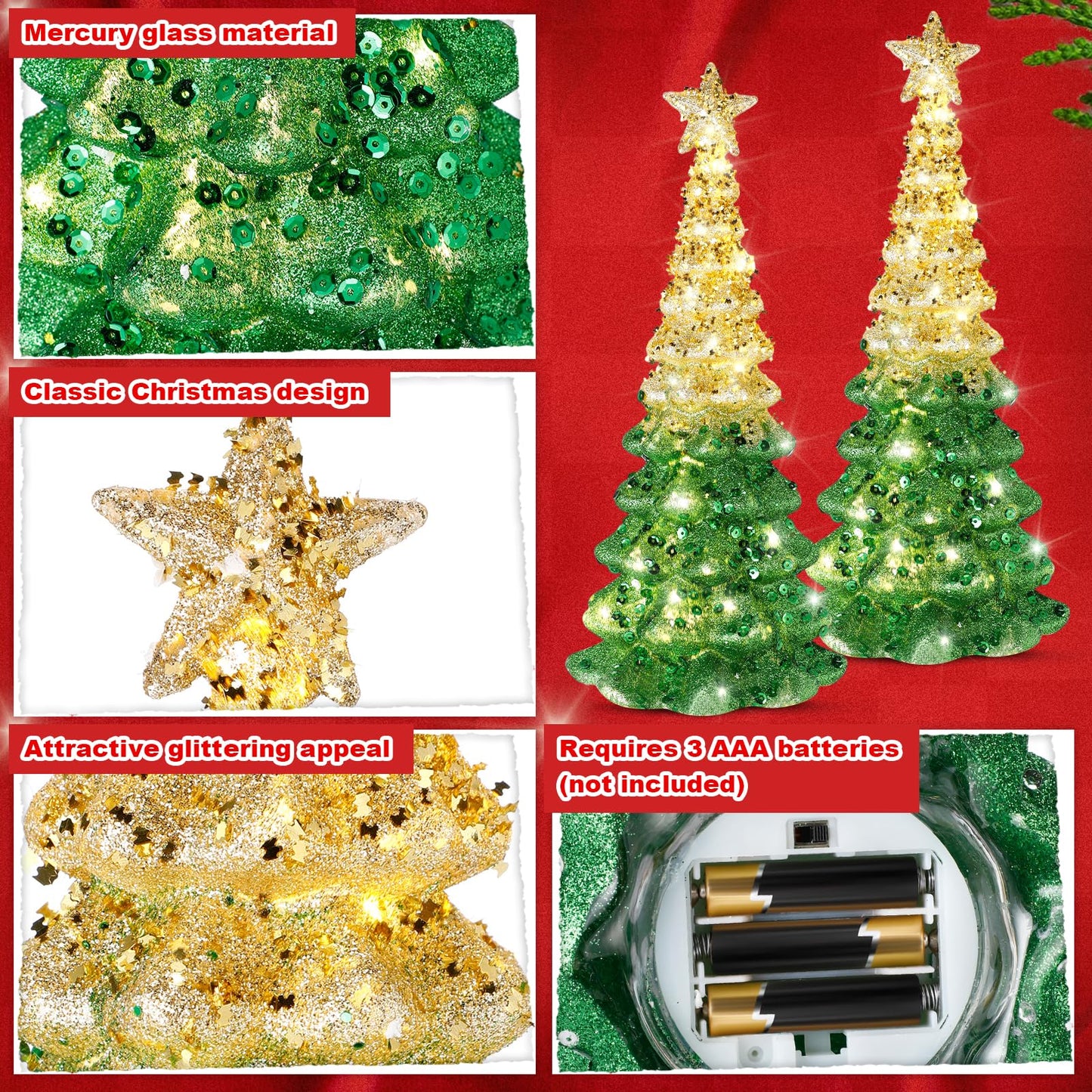 2 Pcs Mercury Glass Christmas Tree for Tabletop Light up Christmas Decor 11.6" Illuminated Glass Xmas Tree Battery Operated Xmas Table Centerpiece for Home Fireplace Festive Decor Gift(Gold)