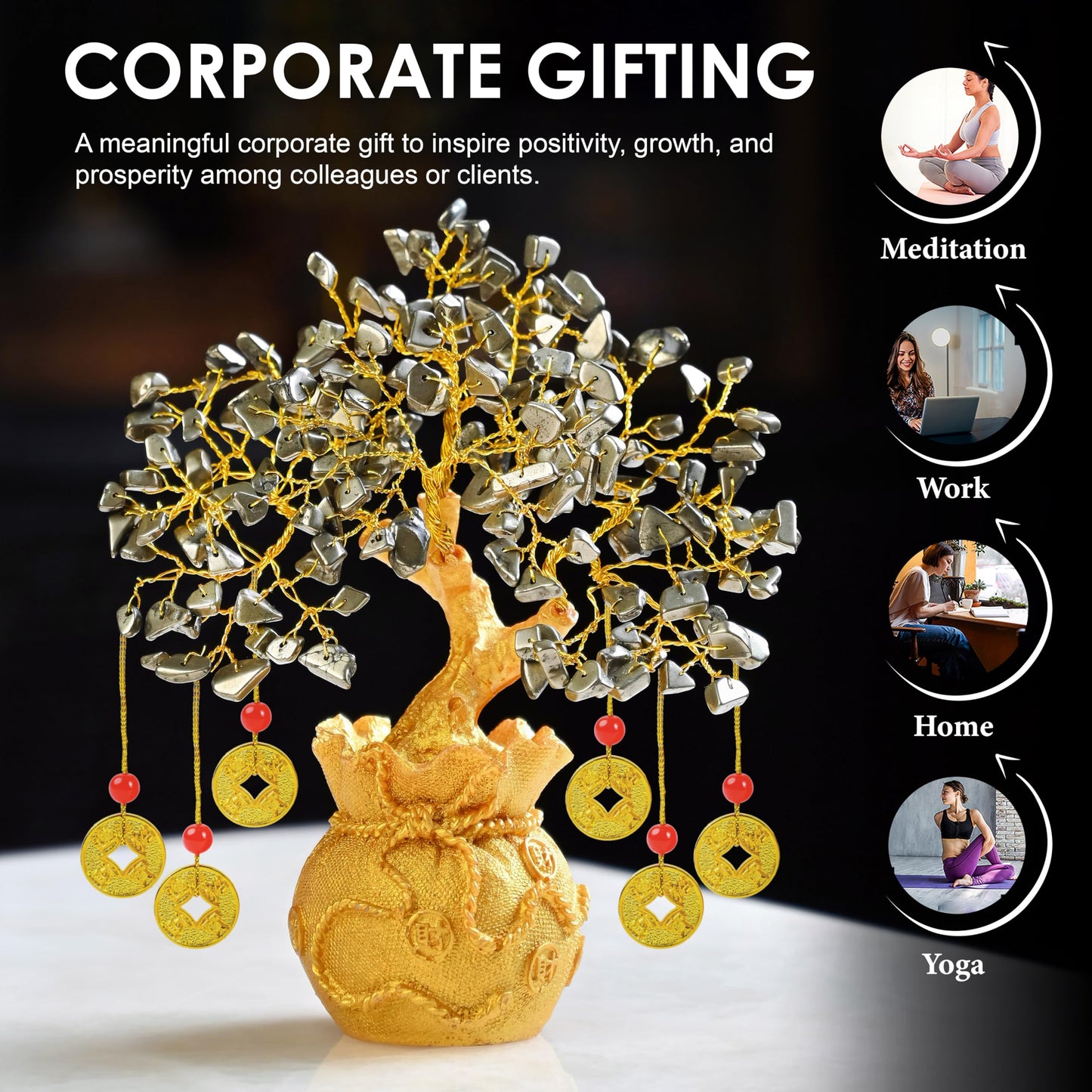 Crocon® Pyrite Crystal Tree with Artificial Coin Pot Base Bonsai for Home & Office Decor Good Luck Feng Shui Coins Money Wealth Tree Crystal Spiritual Gifts for Women Mom Sister Desk Bookshelf Decor