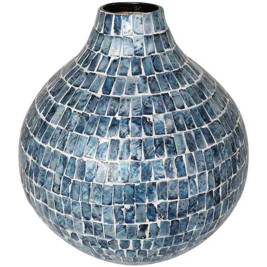 Deco 79 Mother of Pearl Shell Handmade Decorative Vase Mosaic Inspired Centerpiece Vase, Flower Vase for Home Decoration 13" x 13" x 14", Blue