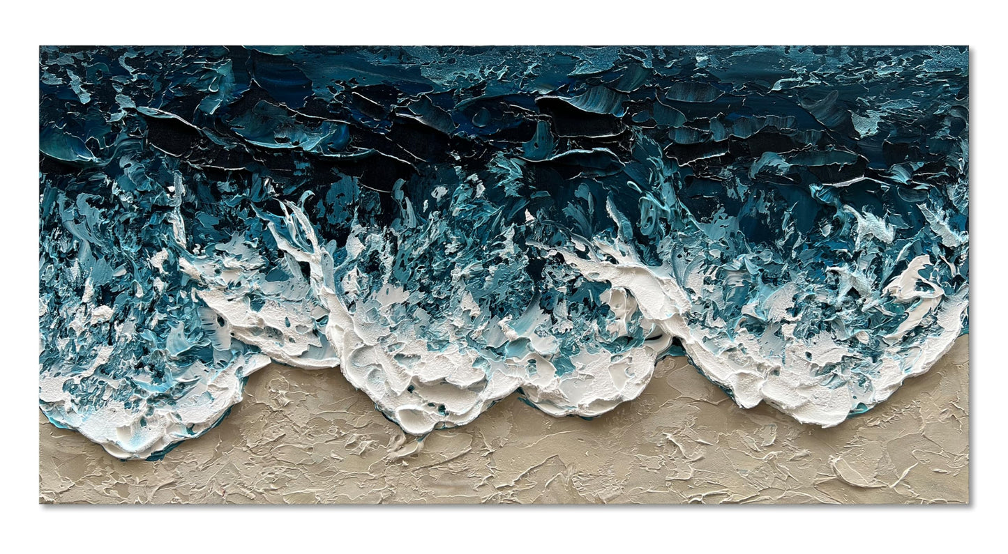 Diathou Art Hand-Painted Blue Ocean Beach Landscape Oil Painting Large Abstract Canvas Art Home wall Decoration 24x48 inches