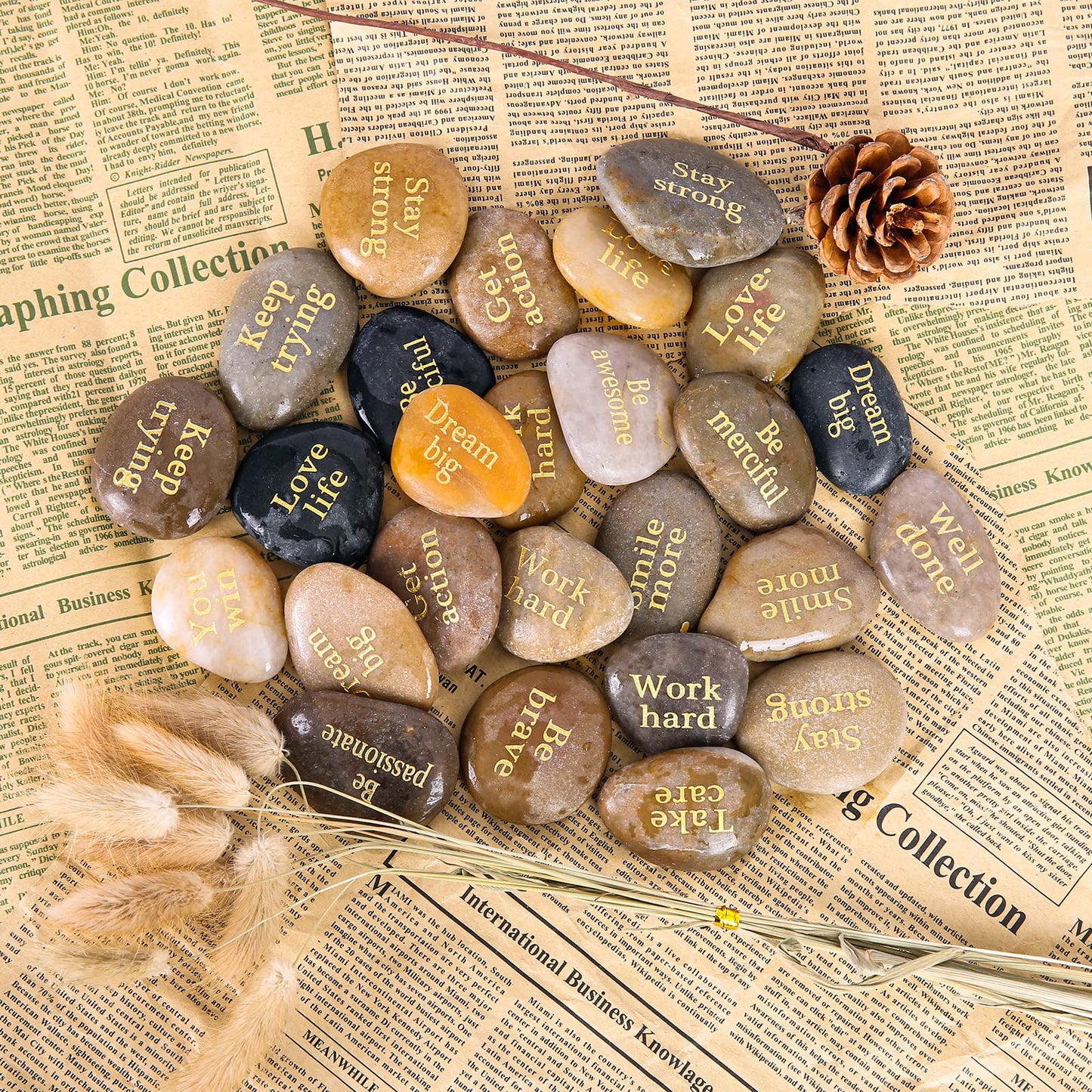 Majorhouse 52pcs Engraved Inspirational Stones with Inspiring Prayer Words, Phrases,Encouragement Stones for Family and Friends.