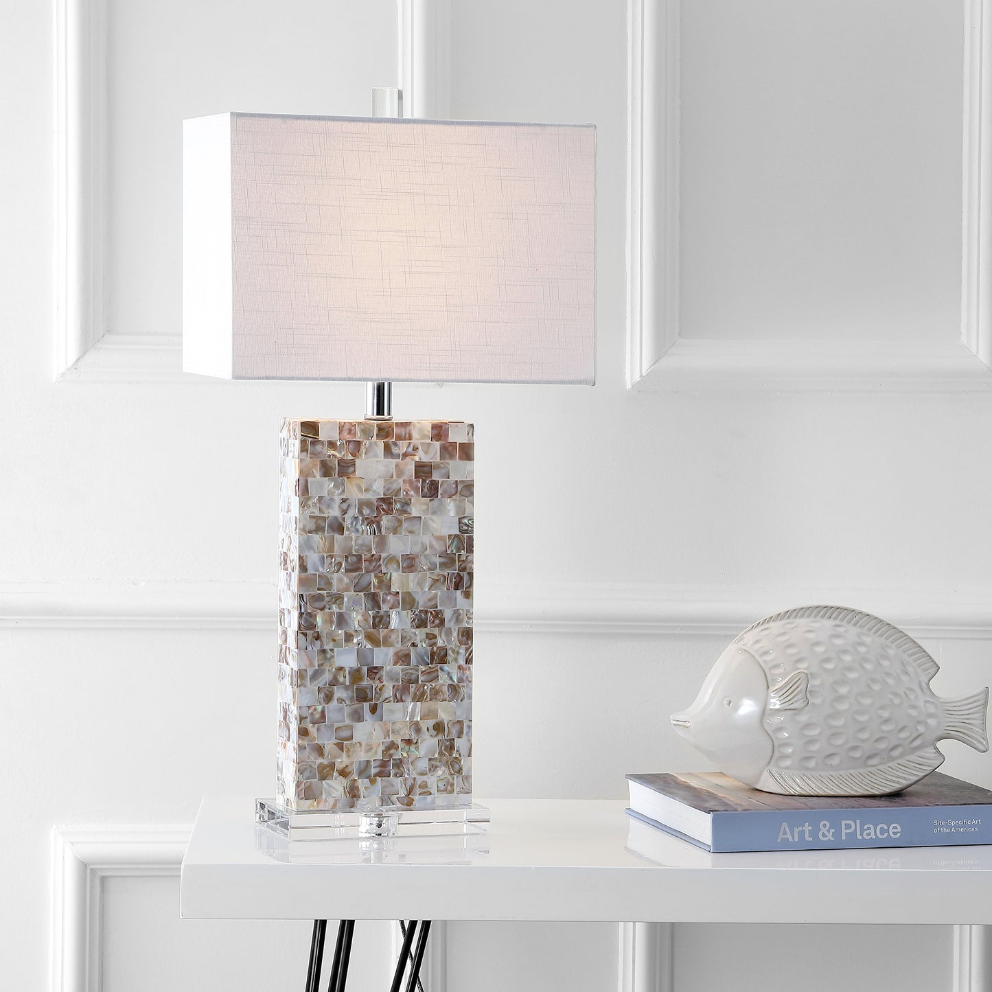 JONATHAN Y 29" Natural Seashell and Crystal Table Lamp, Coastal Mosaic Capiz Shell Bedside Lamp for Living Room Bedroom, White Linen Rectangle Shade, LED Bulb Included JYL1059A