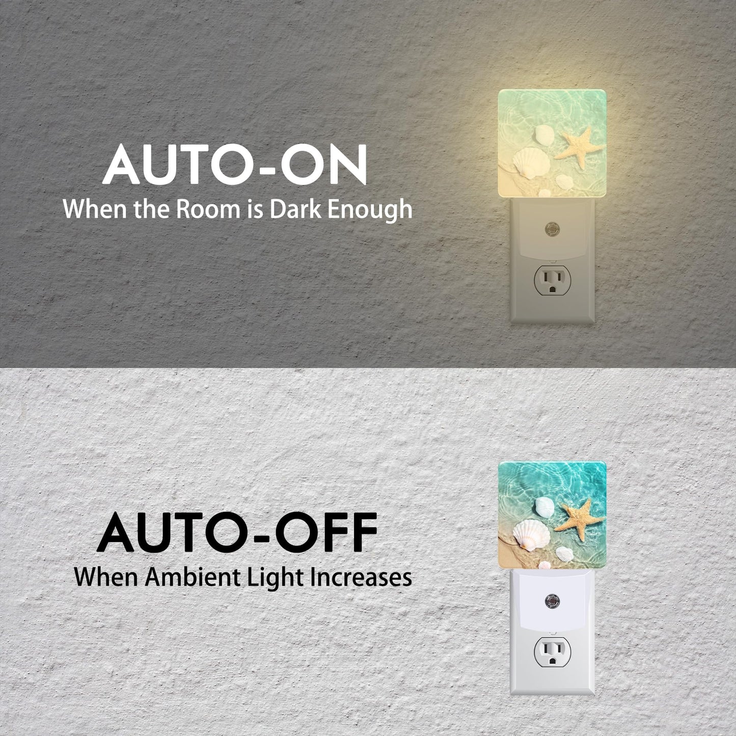 BLYKVGHQ Starfish and Seashell On Beach Night Light,Modern Night Lights Plug into Wall,Dusk to Dawn Sensor Nightlight for Kids Bathroom Kitchen Hallway Bedroom Decor