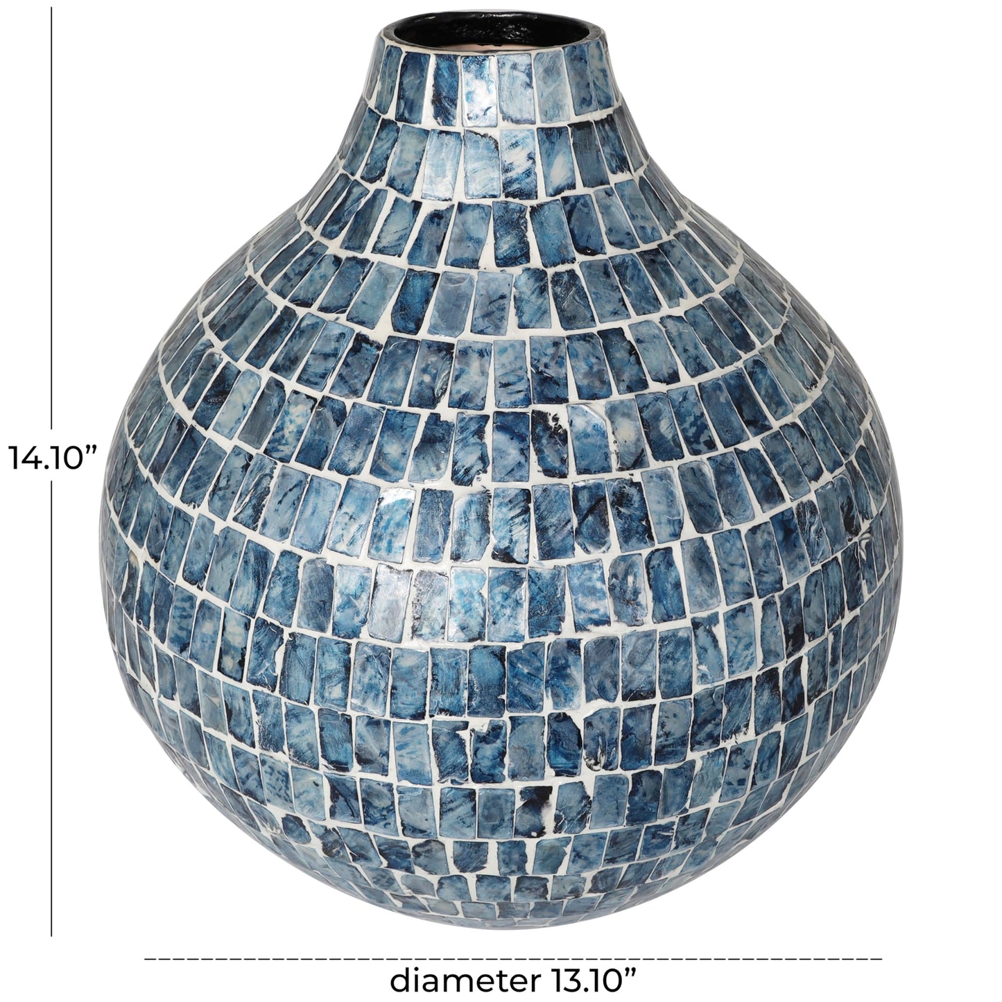 Deco 79 Mother of Pearl Shell Handmade Decorative Vase Mosaic Inspired Centerpiece Vase, Flower Vase for Home Decoration 13" x 13" x 14", Blue