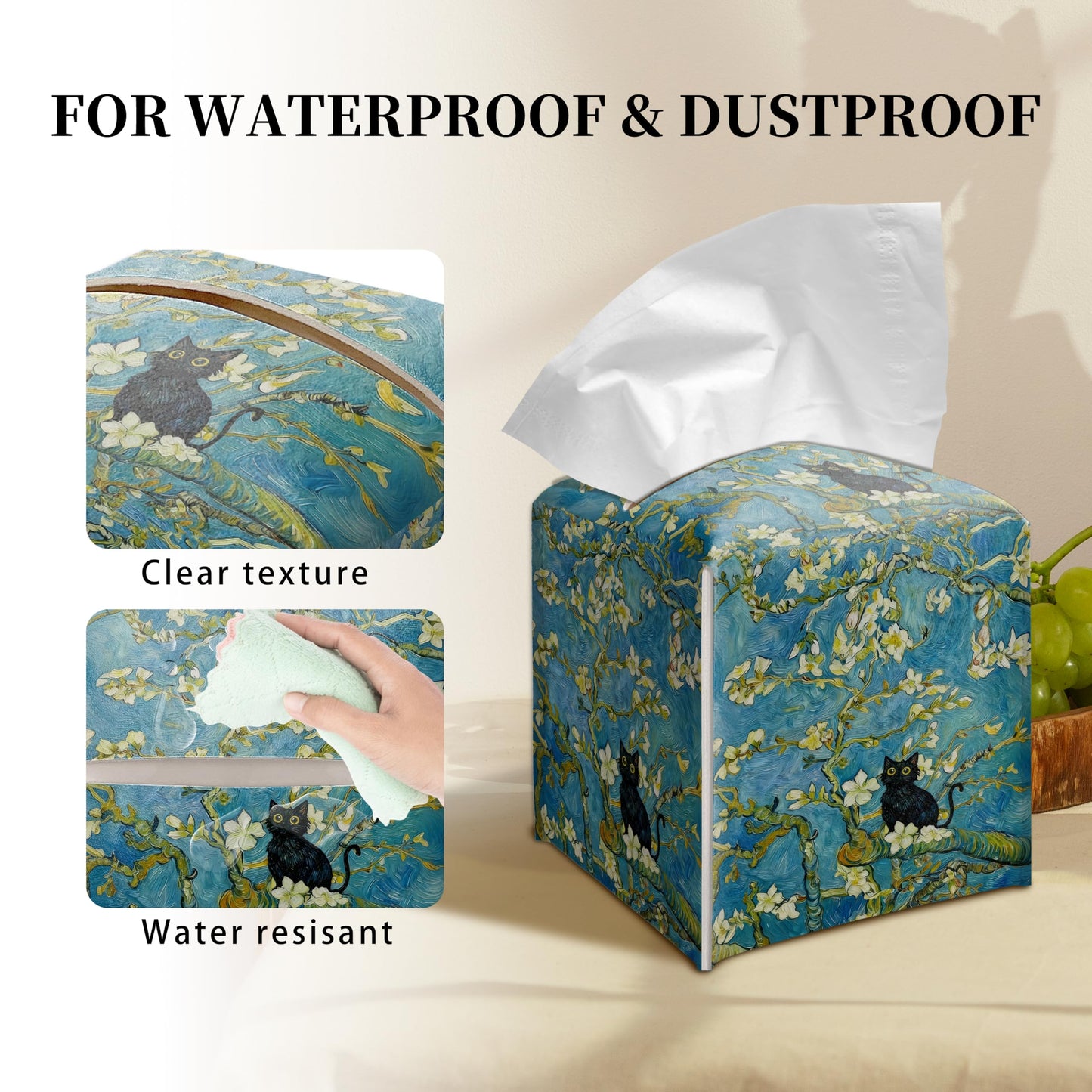 Grace Yonks Art Tissue Box Cover Square - Black Cat on Blossoming Branch Design 5.2" PU Leather Holder for Vanity, Desk, or Bathroom Counter - Cube Case for Facial Tissues. (122)