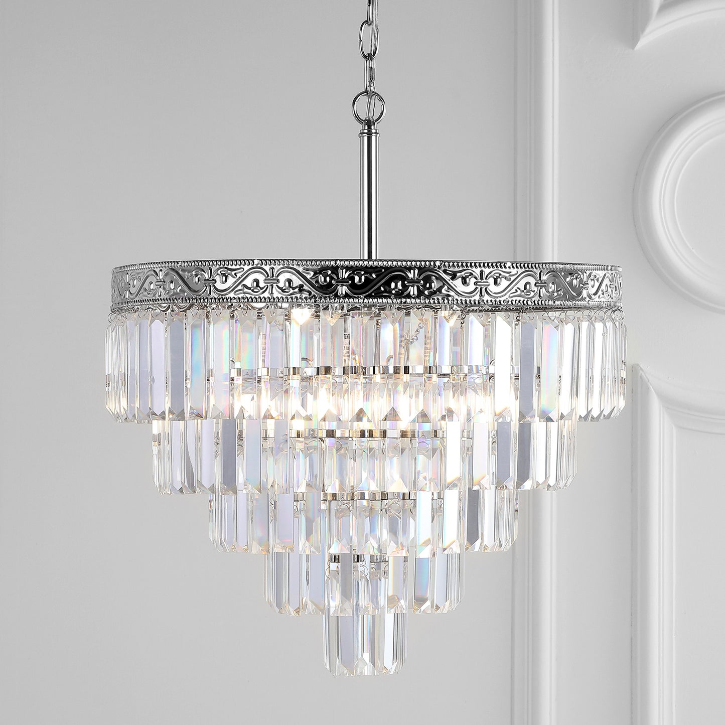 JONATHAN Y 20" Polished Nickel/Clear 4-Light LED Chandelier, Modern Tiered Pendant Light Fixture for Dining Room, Bedroom, Entryway with Clear Faceted Crystal Shade (JYL9007A)