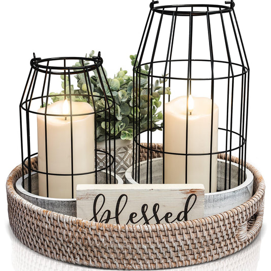 Rustic Farmhouse Lantern Decor Set of 2 - Stylish Decorative Lanterns for Your Living Room, Patio & Porch or Kitchen Dining Table - Modern Indoor/Outdoor Coffee Table Decor for Your Entire Home