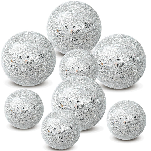 Qinyoung Silver 8 Pcs Decorative Ball for Bowls, 3'' 4'' Glass Mosaic Sphere Decorative Orbs for Centerpiece Bowls Vase Fillers, Wedding, Party, Coffee Table & Home Decor