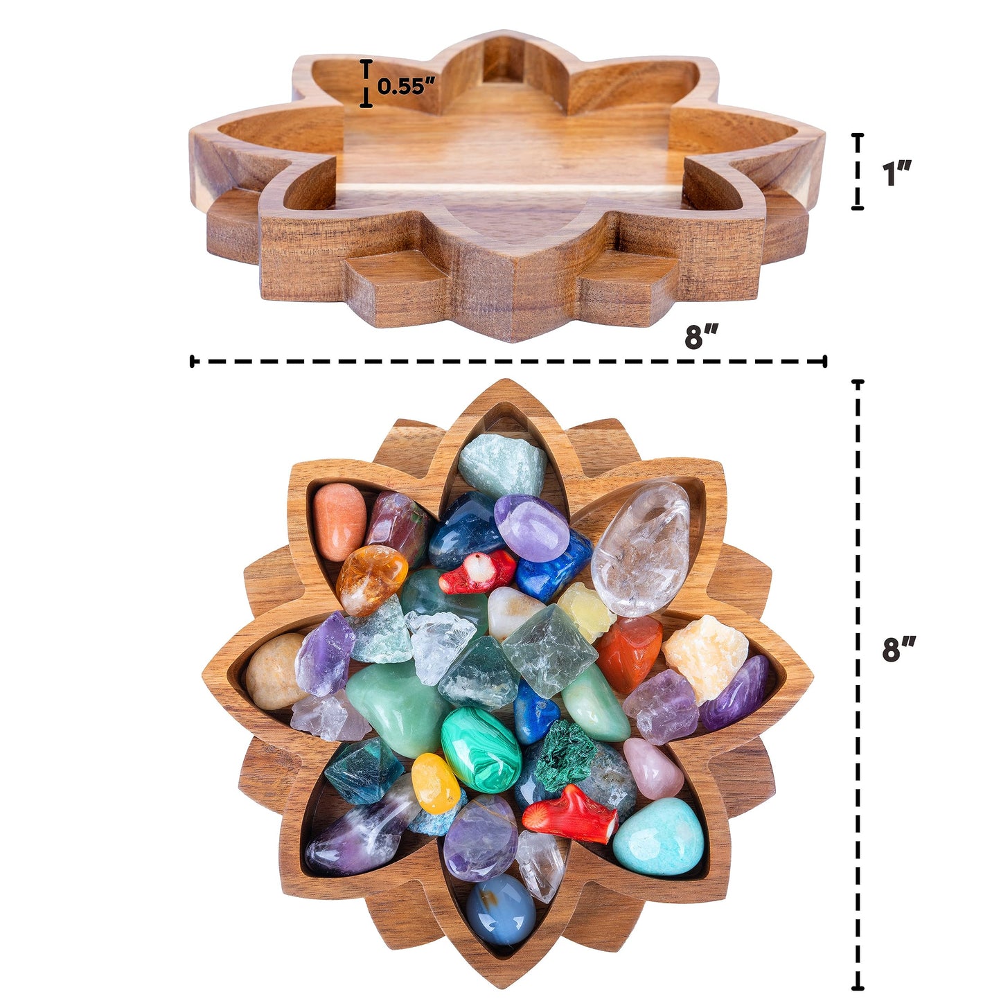 Curawood Lotus Crystal Display Tray - Showcase Your Gems, Healing Stones & Treasures - 8"x8" Wooden Rock Bowl, Crystal Holder for Stones Display Shelf, Gemstone Rock Holder Charging Bowl (Blossom)