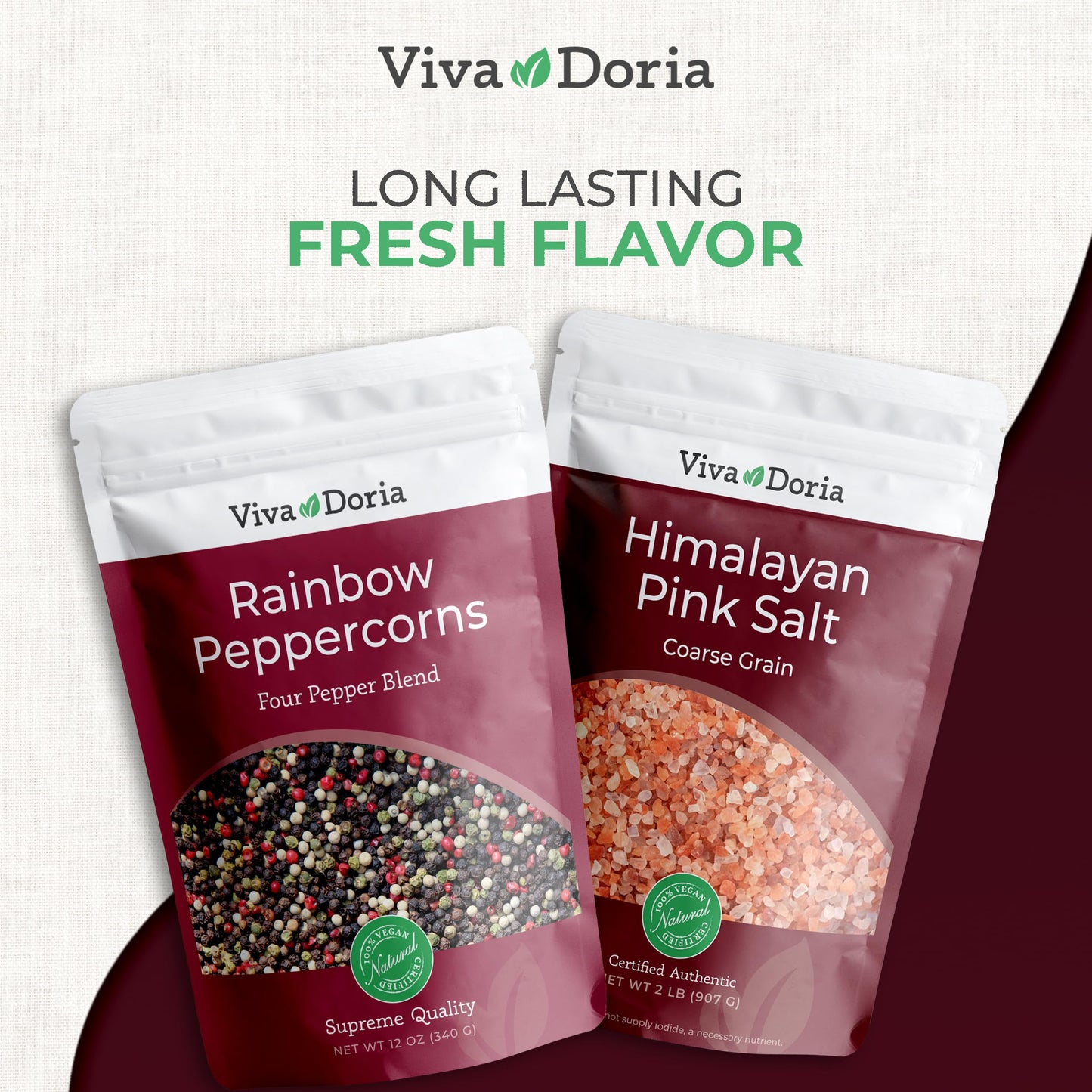 Viva Doria Rainbow Peppercorns Blend 12 oz & Himalayan Pink Salt, Coarse Grain, 2 lb – Steam Sterilized Mixed Whole Peppercorns and Coarse Salt for Grinder Refills, 2-Set Combo Pack