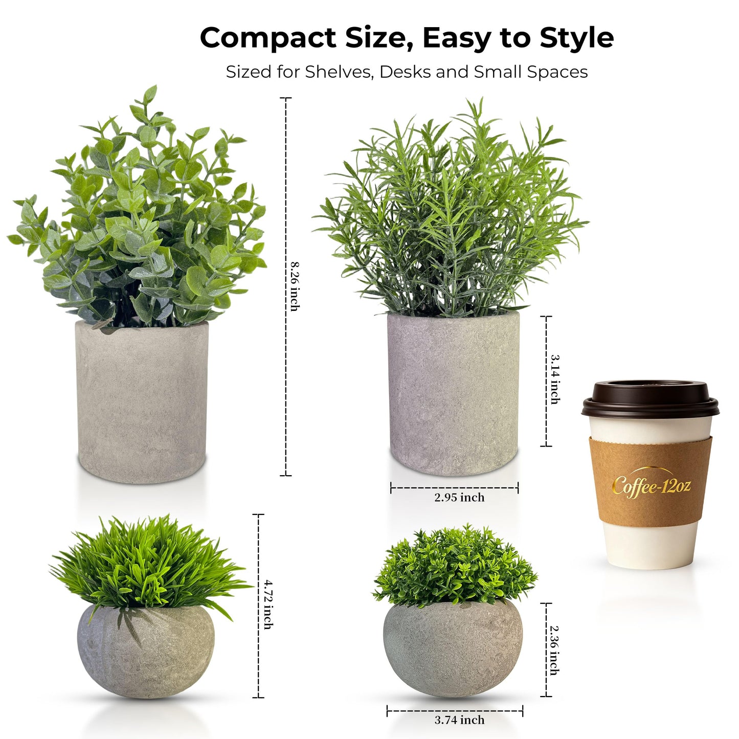 Sukoymi Small Artificial Plants in Pots, Faux Plants Indoor Small with Cement Pots for Desk, Shelf & Office Decor, Fake Plants Indoor Decorative Set of 4