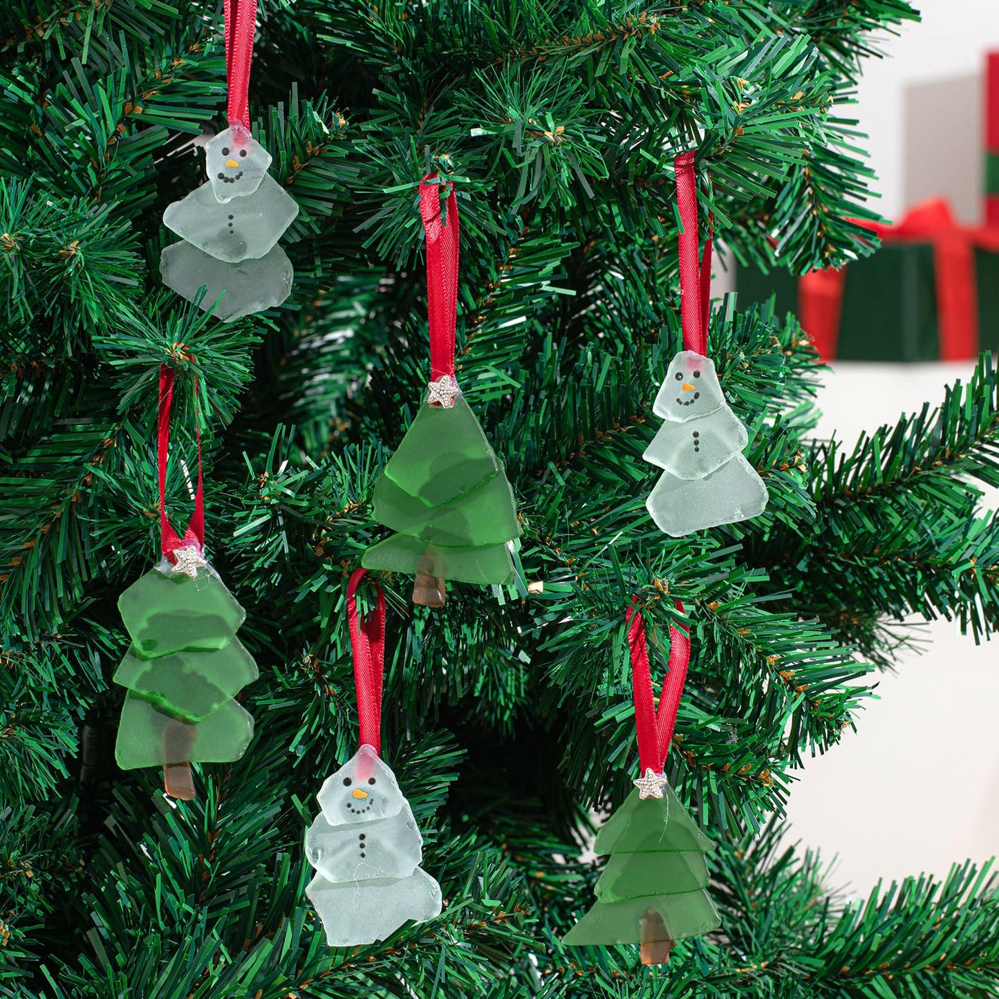 Zhehao 6 Pcs Christmas Tree Ornaments Sea Glass Christmas Tree and Sea Glass Snowman Crystal Xmas Craft Hanging Decoration Ocean Beach Seaglass Ornament Set for Xmas Party Home Decor