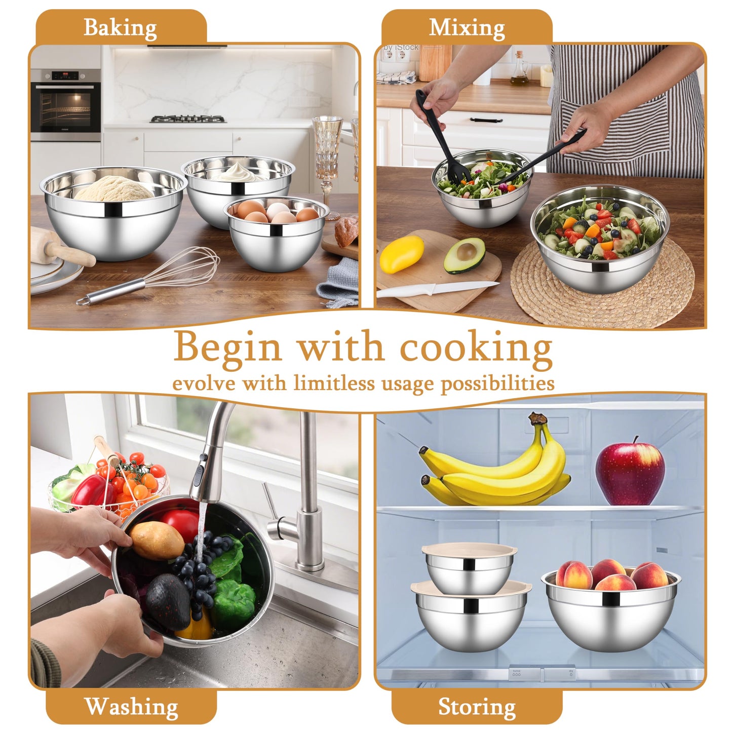 LIANYU Mixing Bowls with Airtight Lids Sets, 3 Packs Stainless Steel Metal Mixing Bowls, Ideal for Prepping, Cooking, Storage, Serving, Freezer & Dishwasher Safe, Khaki