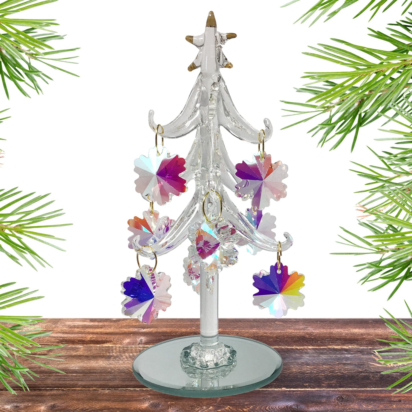 Tabletop Christmas Tree - Spun Glass with Gold Trimmed Star - Includes 9 Iridescent Crystal Snowflake Ornaments - Mirrored Base is 2 3/4" D - Tree is 6" H