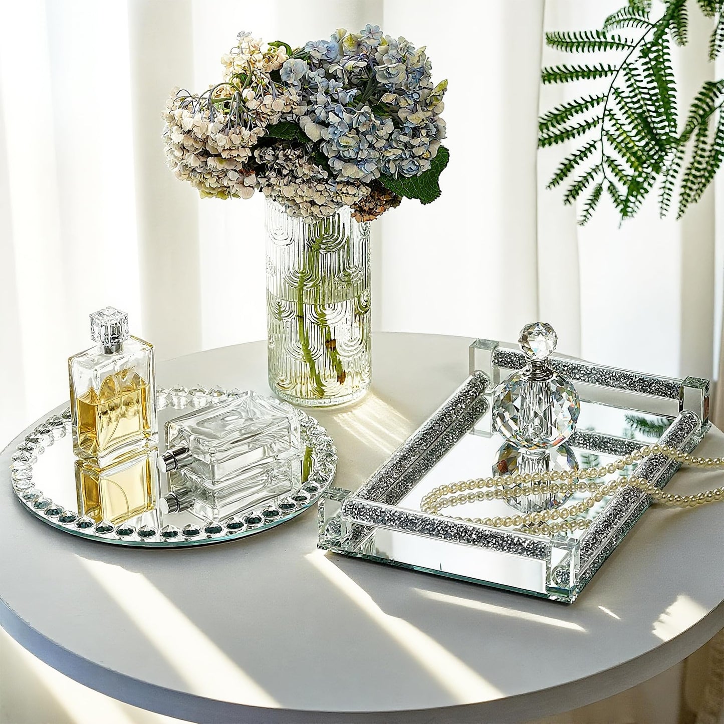 kanpura Crystal Perfume Tray Mirror Glass Makeup Vanity Organizer Jewelry Trinket Display Mirrored Decorative Tray for Bathroom Bedroom, Home Decor, Hotel Banquet, Party(Round 10 inch) (Silver)