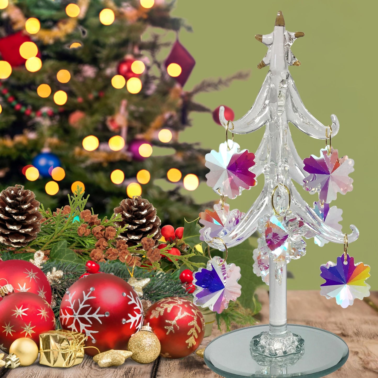 Tabletop Christmas Tree - Spun Glass with Gold Trimmed Star - Includes 9 Iridescent Crystal Snowflake Ornaments - Mirrored Base is 2 3/4" D - Tree is 6" H