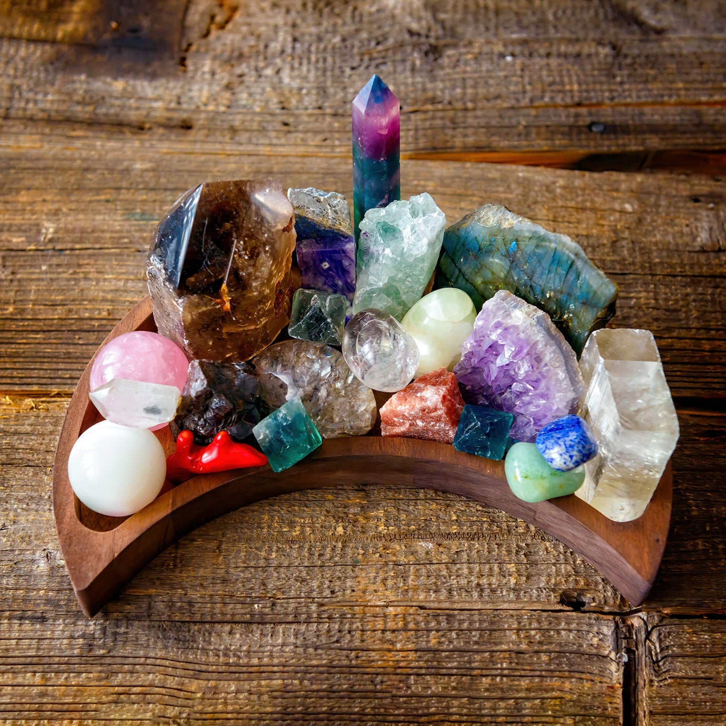 Curawood Crescent Moon Tray - Showcase Your Gems, Healing Stones & Treasures - 10x5 Wooden Crystal Display Tray, Crystal Holder for Stones Display Shelf, Gemstone Rock Holder Charging Bowl, Walnut, L