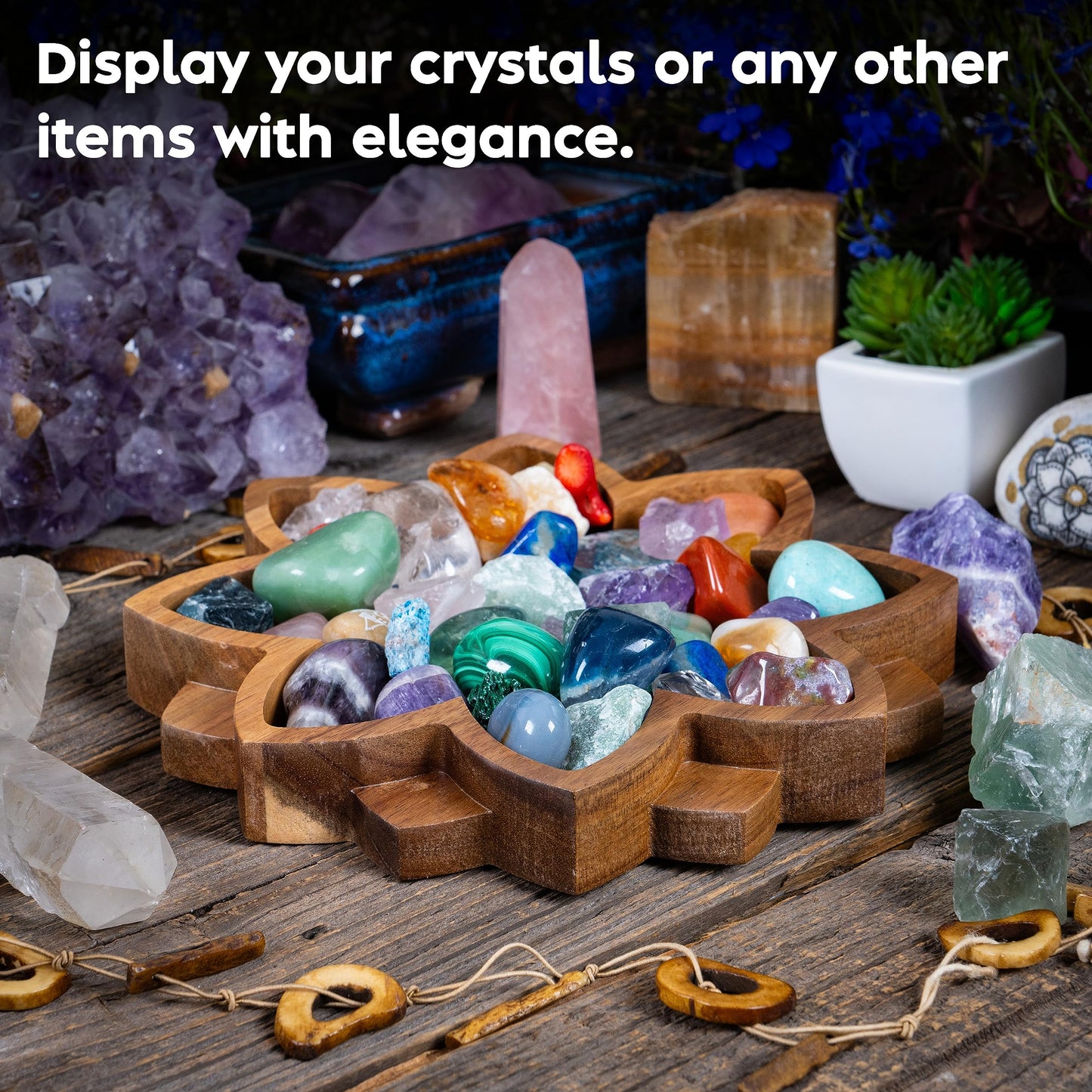 Curawood Lotus Crystal Display Tray - Showcase Your Gems, Healing Stones & Treasures - 8"x8" Wooden Rock Bowl, Crystal Holder for Stones Display Shelf, Gemstone Rock Holder Charging Bowl (Blossom)