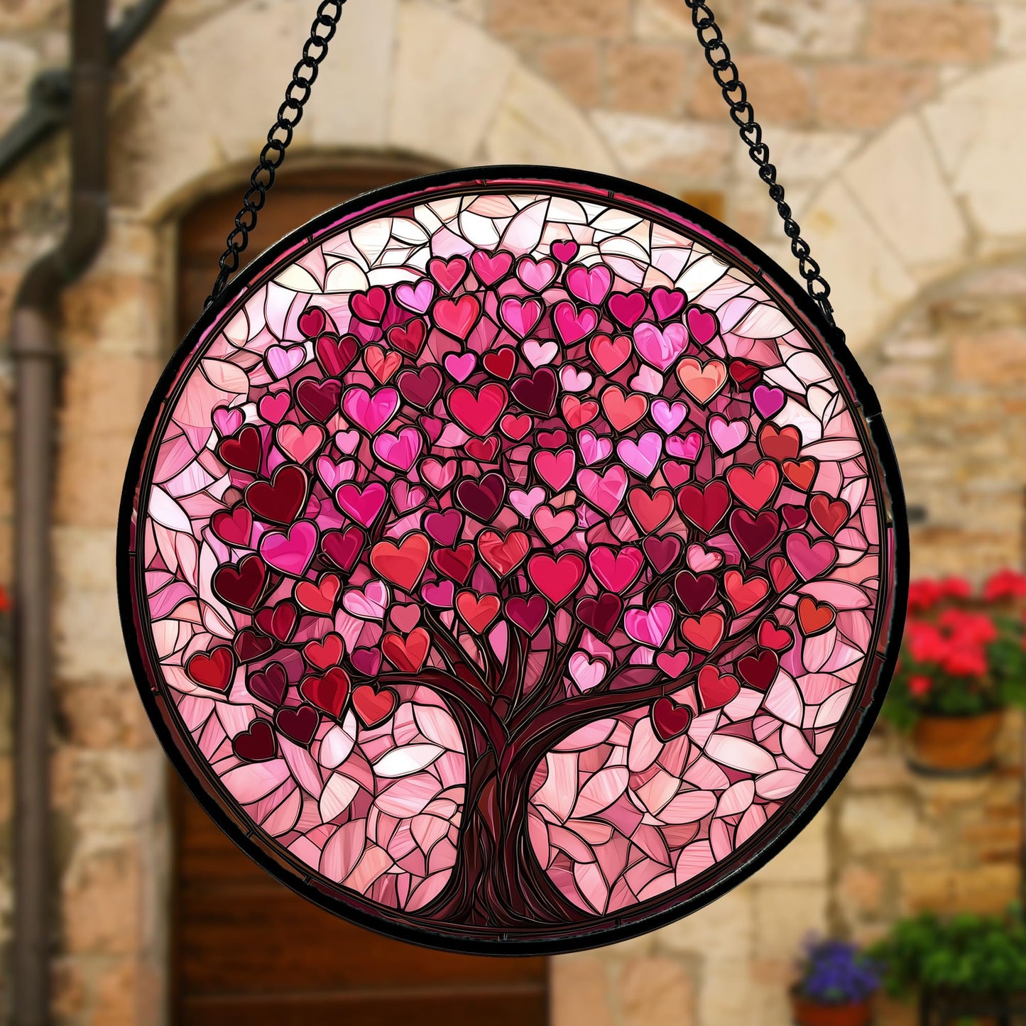 Stained Glass Window Hanging, Birthday Gifts for Women Mom Grandma Nana Wife Couple, Pink Love Tree Suncatcher for Doors Window Home Sun Catchers Gifts Decor 7.8 in