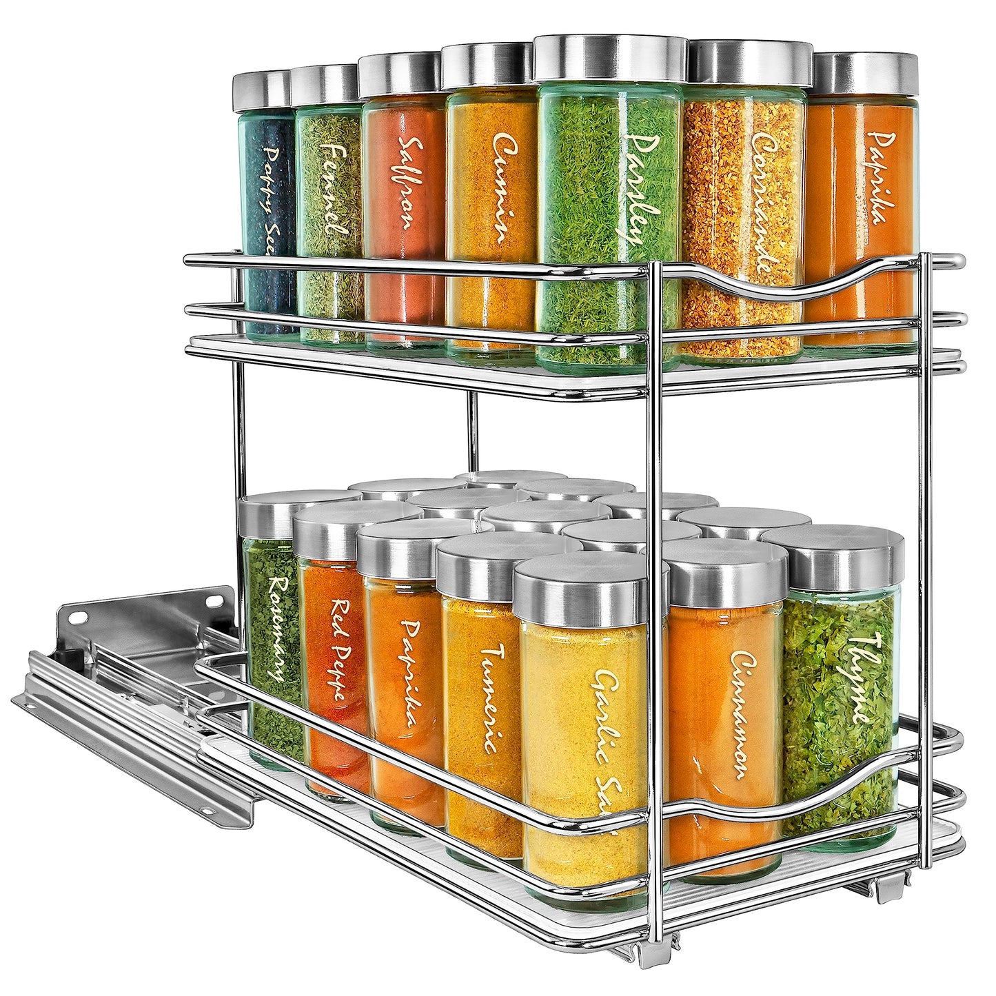 LYNK PROFESSIONAL® Pull Out Spice Organization for Cabinets - 6-3/8 inch Wide – Spice Rack for Inside Cabinets, Slide Out Spice Rack Organizer for cabinet – Pull Out Spice Rack, Sliding 2 Tier Chrome
