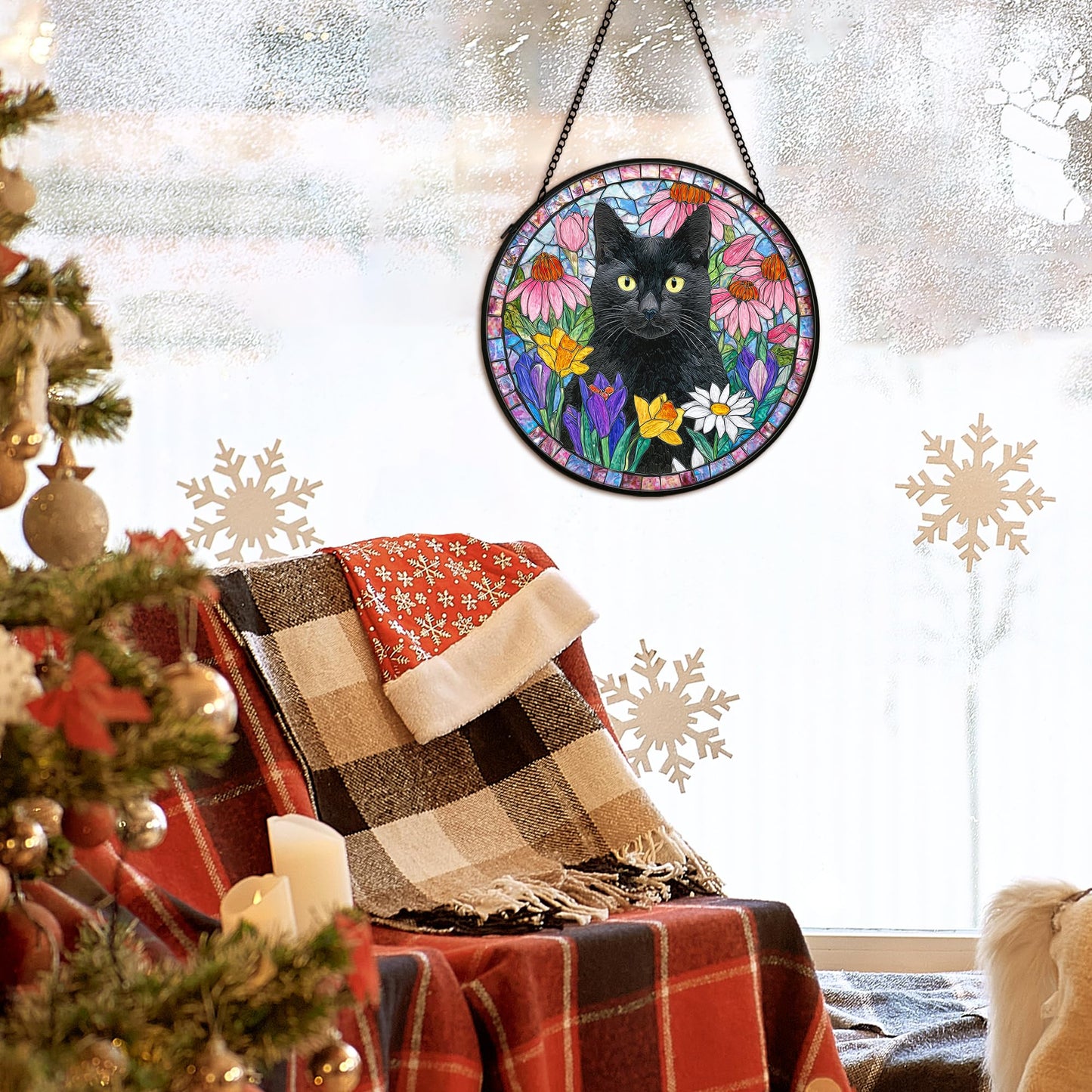 cvjutf Black Cat Suncatcher Stained Glass Window Hanging Decor Ornaments, Black Cat Owner Memorial Sun Catchers Wall Art Gifts for Women, Floral Flower Garden Lawn Stained Glass Wall Decor, 7.9x7.9In