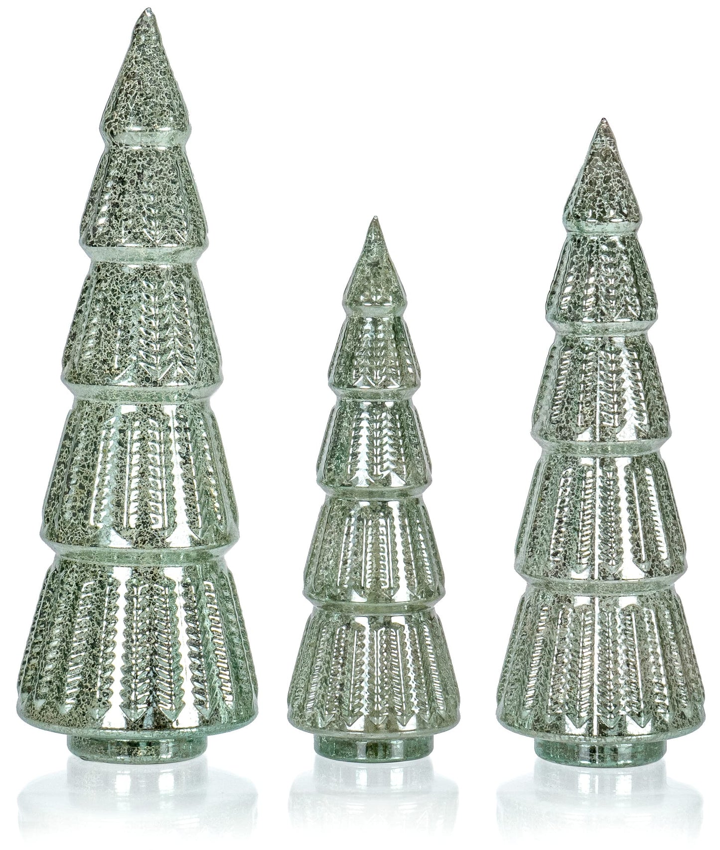 Red Co. 10.5”, 12.5”, 14.5” Light-Up Mercury Glass Christmas Tree Tabletop Display Figurine Set of 3 Sizes, Teal Blue