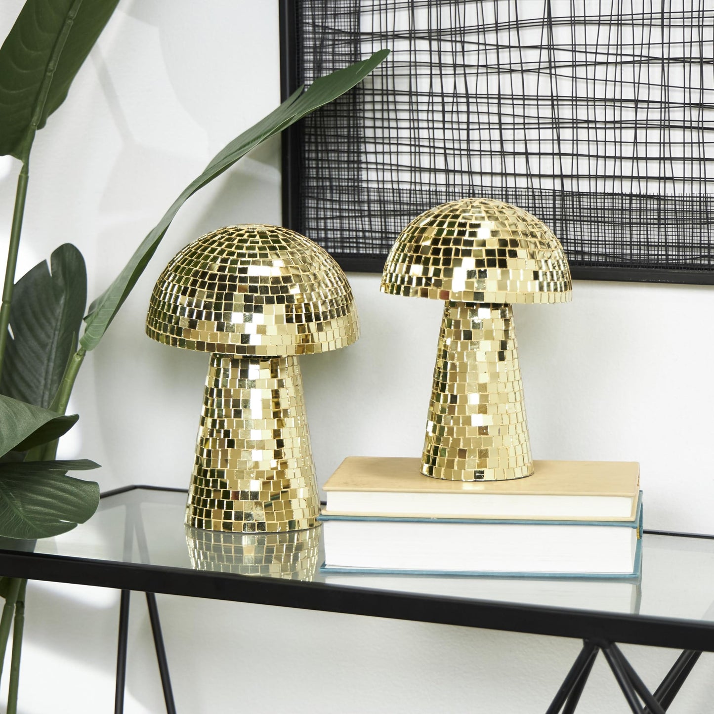 Deco 79 Glass Mushroom Handmade Decorative Sculpture Mosaic Mirrored Home Decor Statues, Set of 2 Accent Figurines 10", 8"H, Gold