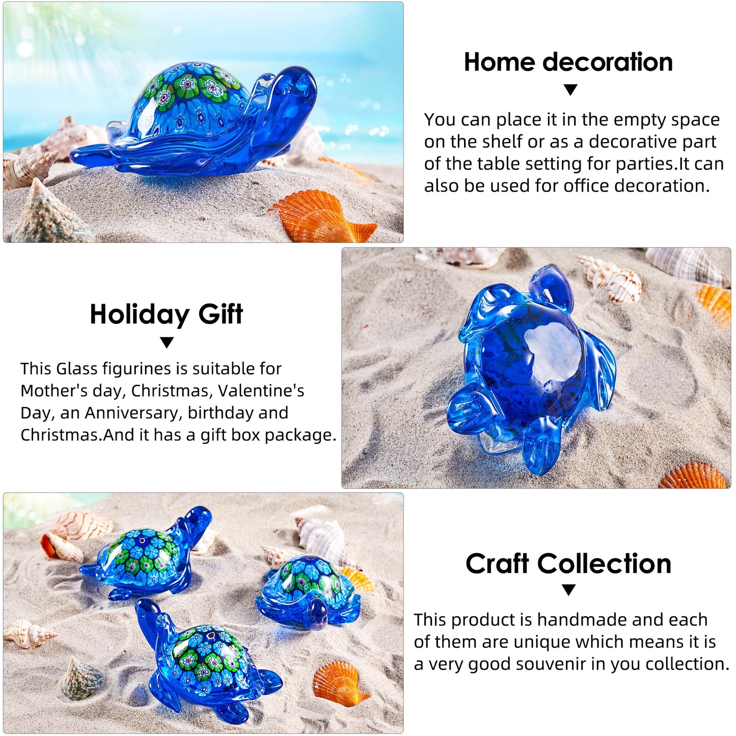 EUSTUMA Hand Blown Glass Sea Turtle Figurine,Sea Animal Ornament for Home Decor,Sea Animals Collection for Birthday Gift,Glass Tortoise Sculpture