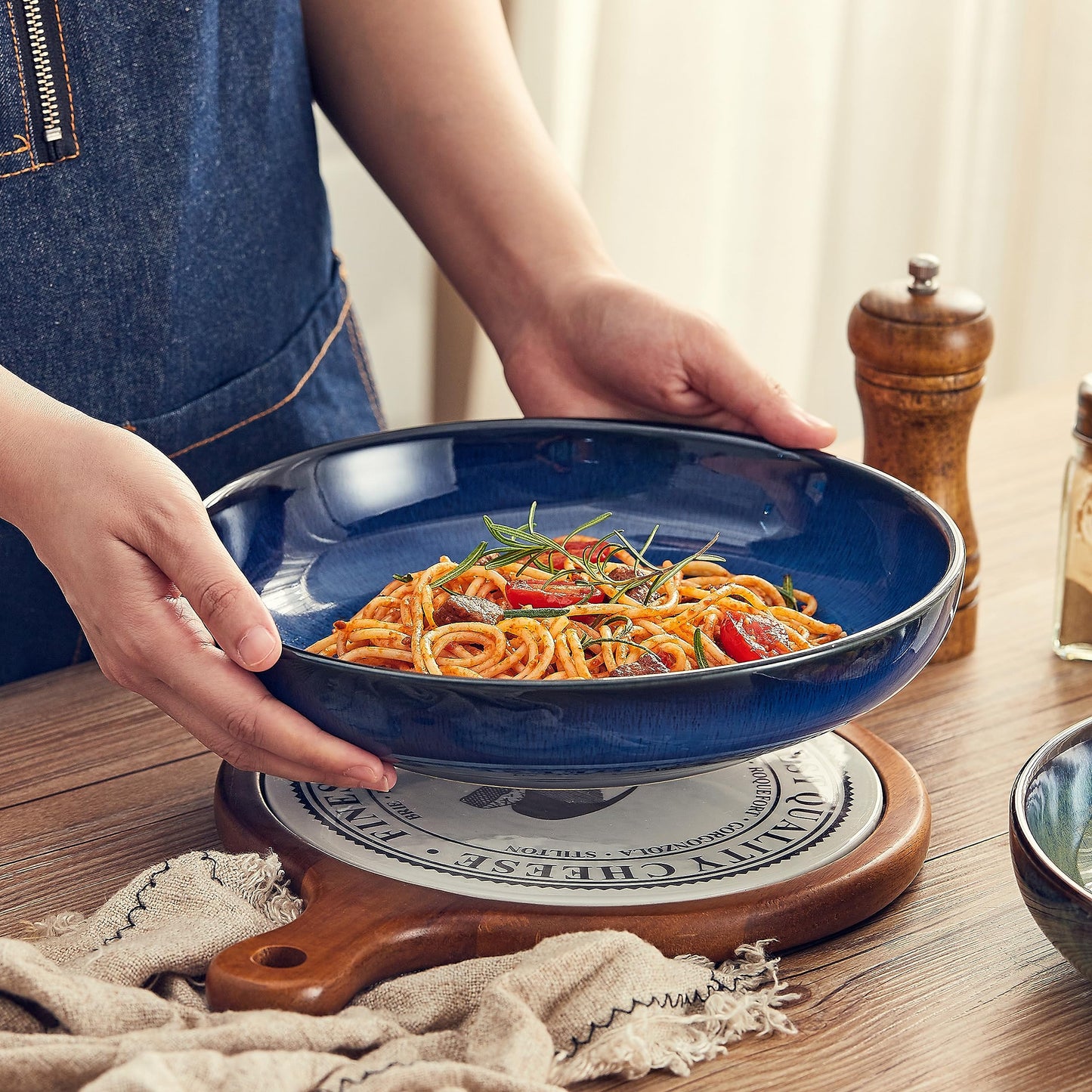 Swuut Transmutation Glaze Serving Pasta Bowl,10 inch Ceramic Wide Salad Bowls,50 Ounce Large Big Fruit Bowl for Kitchen, Microwave Oven Dishwasher Safe (Blue)