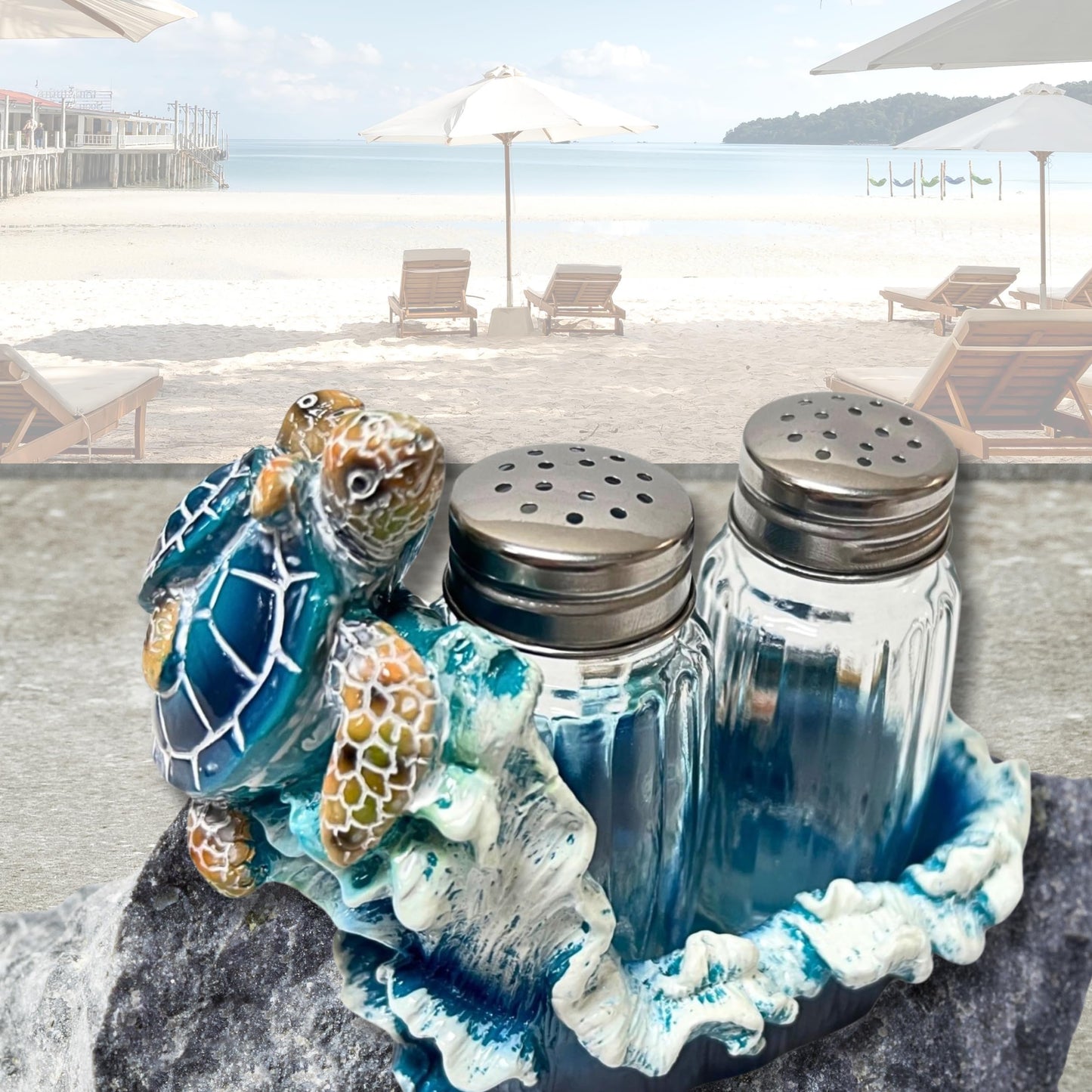 Nautical Sea Turtle Salt and Pepper Shakers Set with Holder for Beach House Interior Style - Coastal Living Room Accents, and Marine Life Theme Decorative Shakers Set