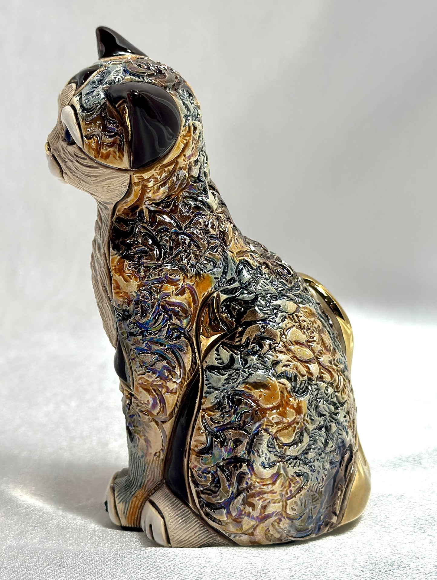 Handmade Sculpted Ceramic Calico Cat Sitting Figurine - Art - Decor - Gift