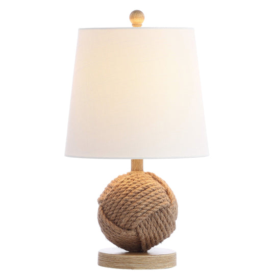 JONATHAN Y 18" Natural Monkey Fist Rope Ball LED Table Lamp, Coastal Nautical Iron and Rope Accent Lamp for Living Room Bedroom, White Linen Shade, LED Bulb Included JYL6500A