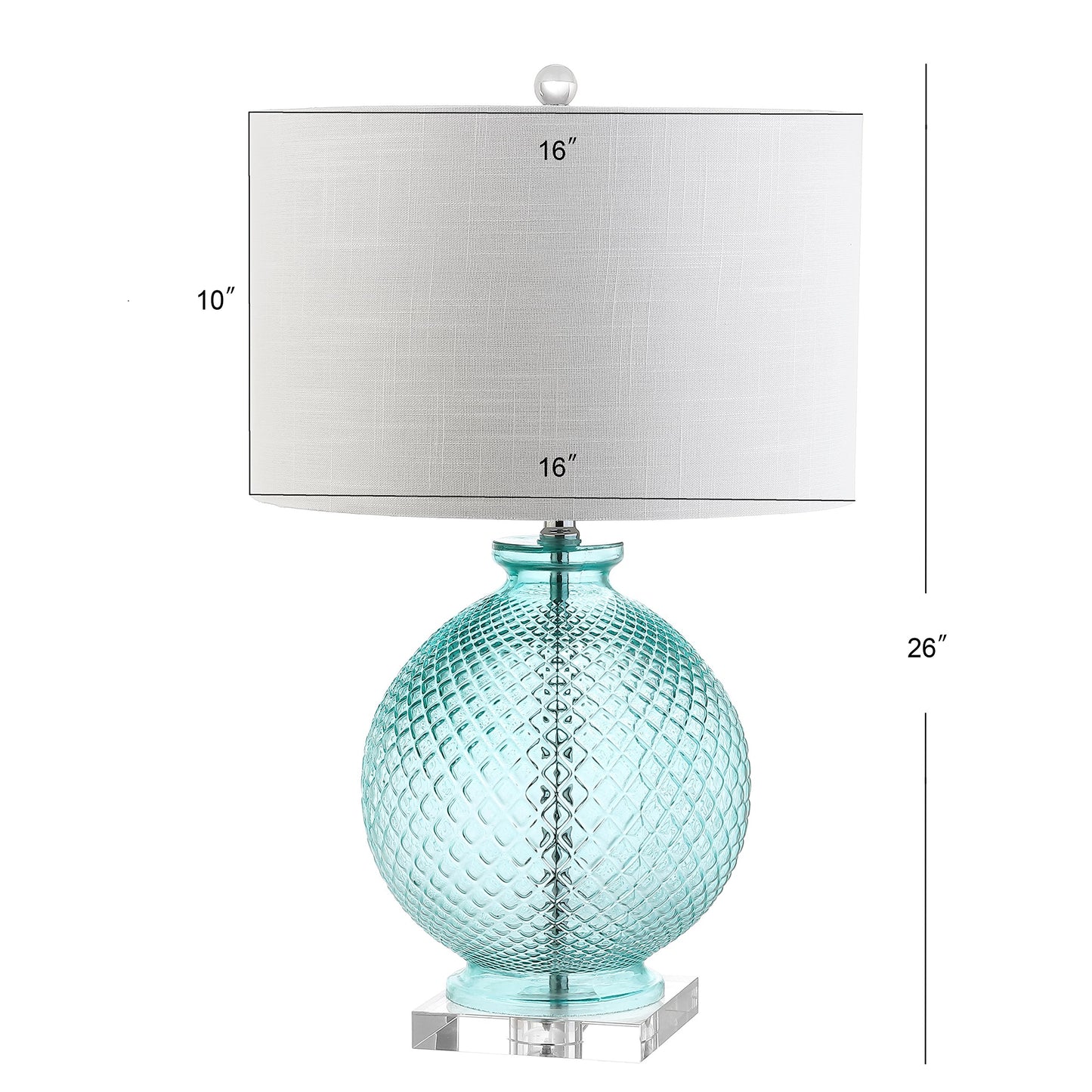 JONATHAN Y 26" Aqua Diamond-Etched Glass and Crystal Table Lamp, Coastal Transitional Bedside Lamp with White Linen Drum Shade for Living Room, LED Bulb Included JYL2003A