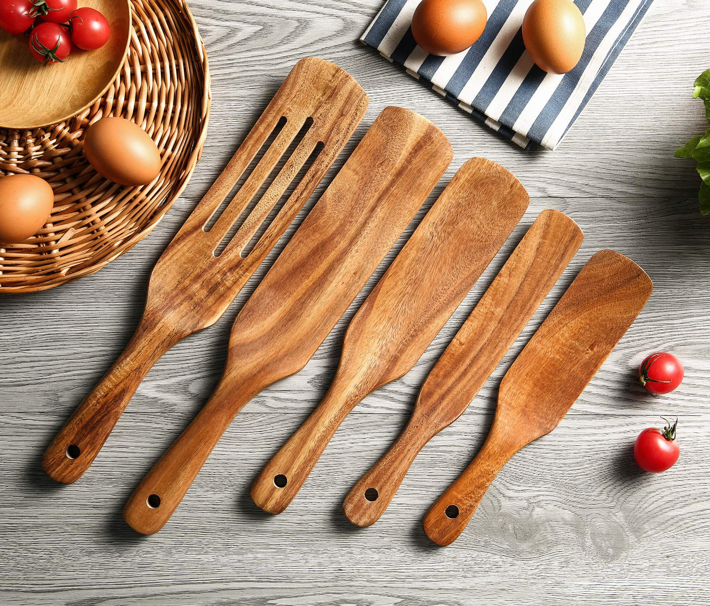 Wooden Spurtle Set, NAYAHOSE 5 Pcs Natural Teak Kitchen Utensil Set Heat Resistant Non Stick Wood Cookware with Hanging Hole, Slotted Spurtle Spatula Sets for Stirring, Mixing, Serving