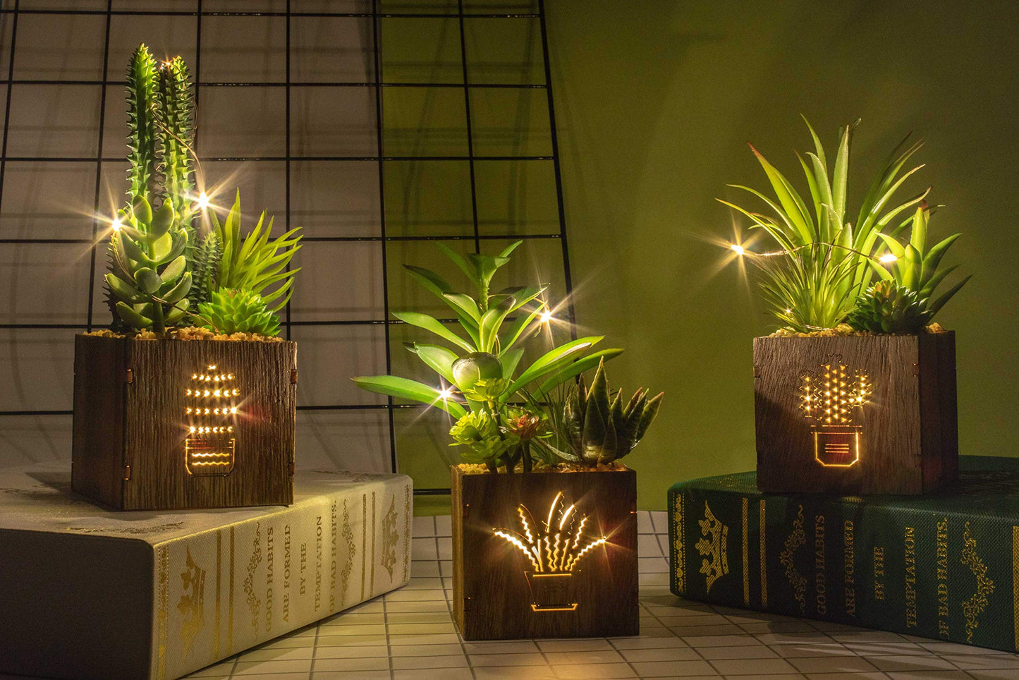 BEGONDIS Artificial Succulents with LED Lights, Set of 3 Fake Plants in Wooden Boxes for Indoor Home Decor, Desk, Shelf, Bedroom and Office