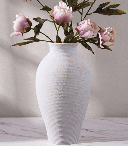 Ceramic Flower Vase Home Decor, 11 in Farmhouse Table White Vases Rustic Vintage Living Room Kitchen Bedroom Decorations Pottery Decorative Vases for House Shelf Office Coffee Desk Dining Fireplace