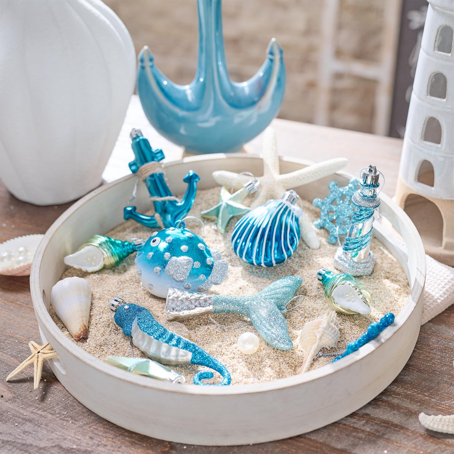 Valery Madelyn Summer Ornaments Tree Decorations Set, 20ct Light Blue and Silver Shatterproof Summer Balls Bulk, Summer Beach Coastal Ocean Nautical Marine Hanging Seafair Xmas Holiday Decor