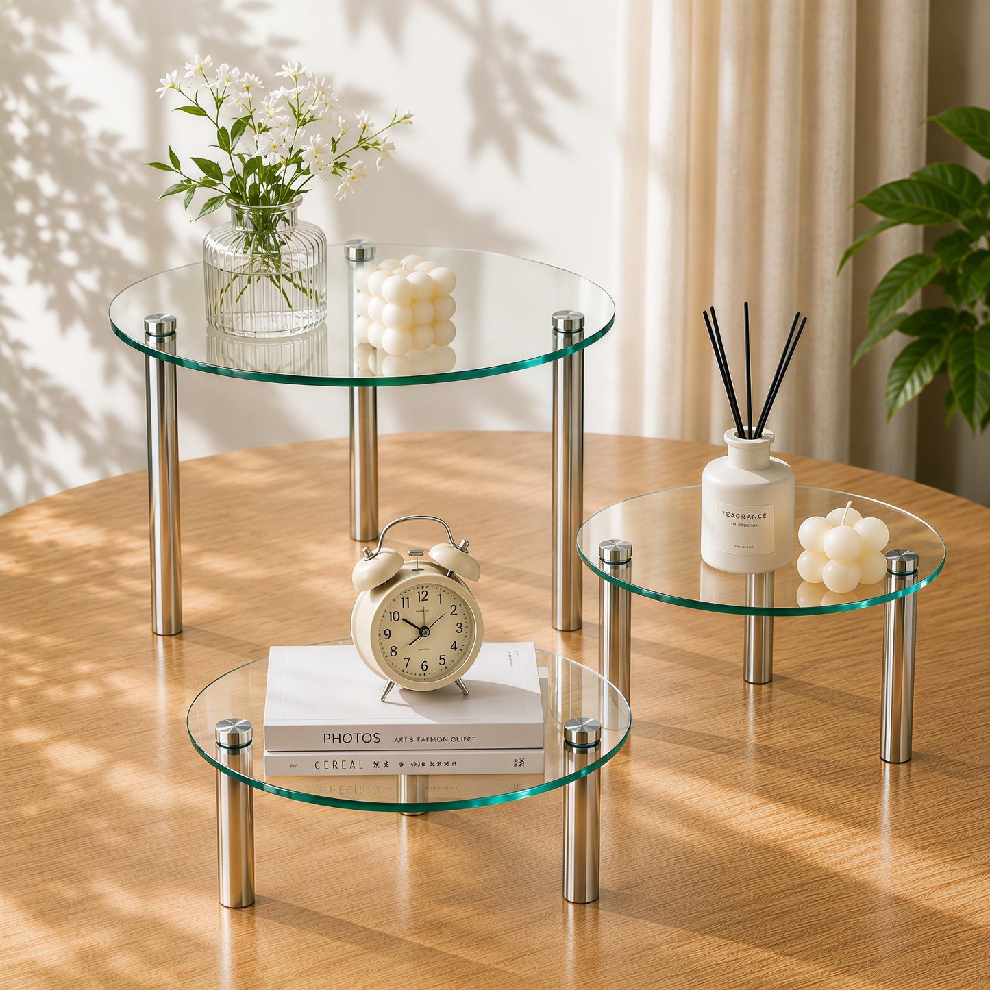 3 Piece Tempered Glass Display Stands Set, 3 Tier Clear Countertop Organizer Risers with Stainless Steel Legs, 9'' 11'' 13'' Round Display Shelves for Kitchen, Bathroom, Vanity and Retail Display