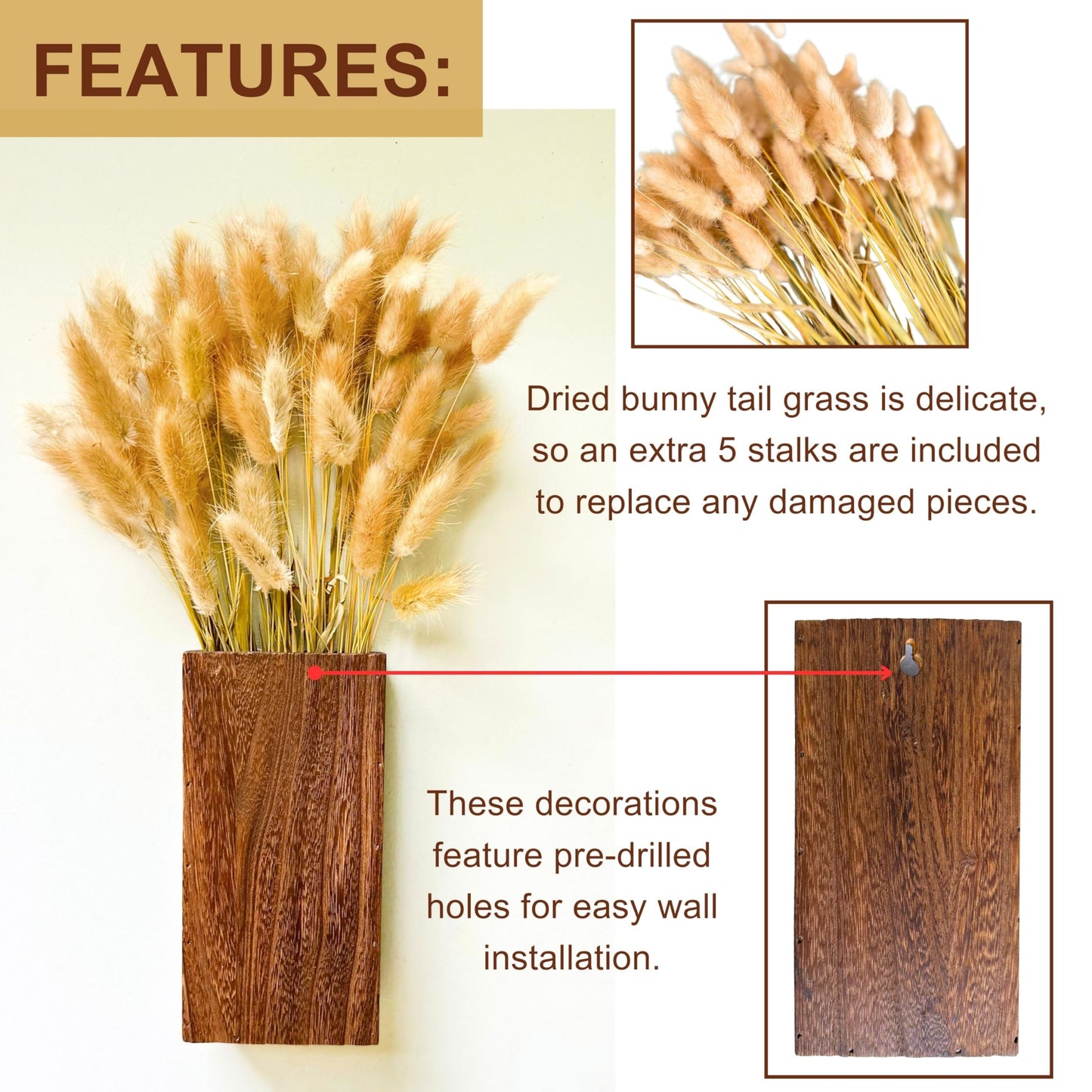 LaLaGreen Wood Wall Planters (8 Inch, 2 Pack) Include Bunny Tails Dried Flowers, Hanging Planter Wooden Box Vase for Indoor Modern Rustic Farmhouse Decor Home Living Room Bathroom Trendy Decoration