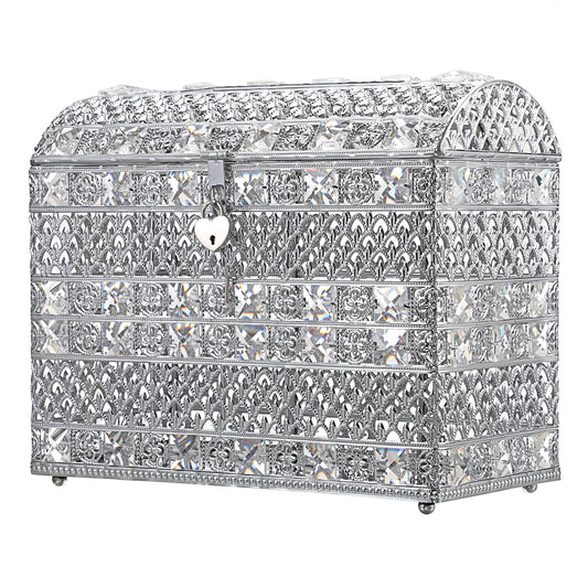 JUXYES Silver Sparkle Crystal Wedding Card Box With Lid for Reception, Gorgeous Treasure Chest Style Keepsake Envelope Box 12 Inches Large Card Receiving Box for Wedding, Reception, Birthday Party