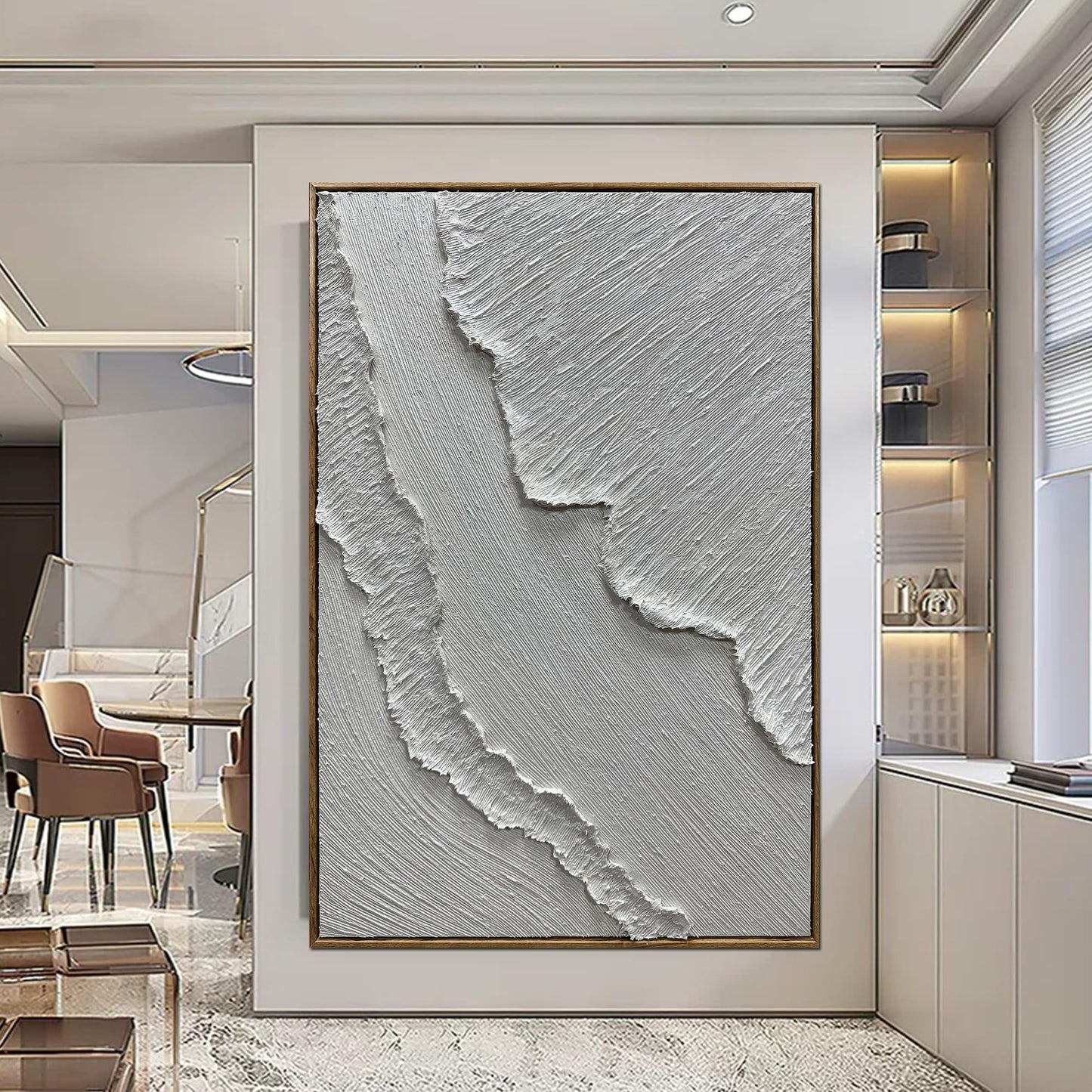 Yotree Modern Abstract Textured Wall Art, White Sand Beach Waves, 24x36 inches, Wooden Frame Ready to Hang (White waves)