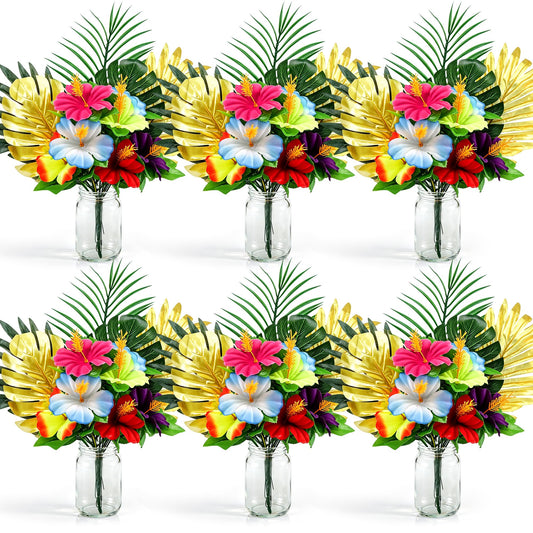 Fovths 6 Pack Hawaiian Flower Centerpieces with Mason Jars Artificial Hibiscus Bouquet Monstera Palm Leaves Tropical Mason Jars Centerpieces for Table, Luau, Jungle, Beach Party Decorations