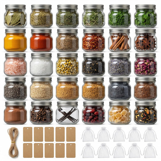 8 oz Mason Jars with Airtight Silver Lids - 30 Pack Small Glass Jars Set with Labels, Twine & Mesh Bags - Wide Mouth Canning Jars for Party Favors, Baby Shower, Wedding & Bulk Crafts